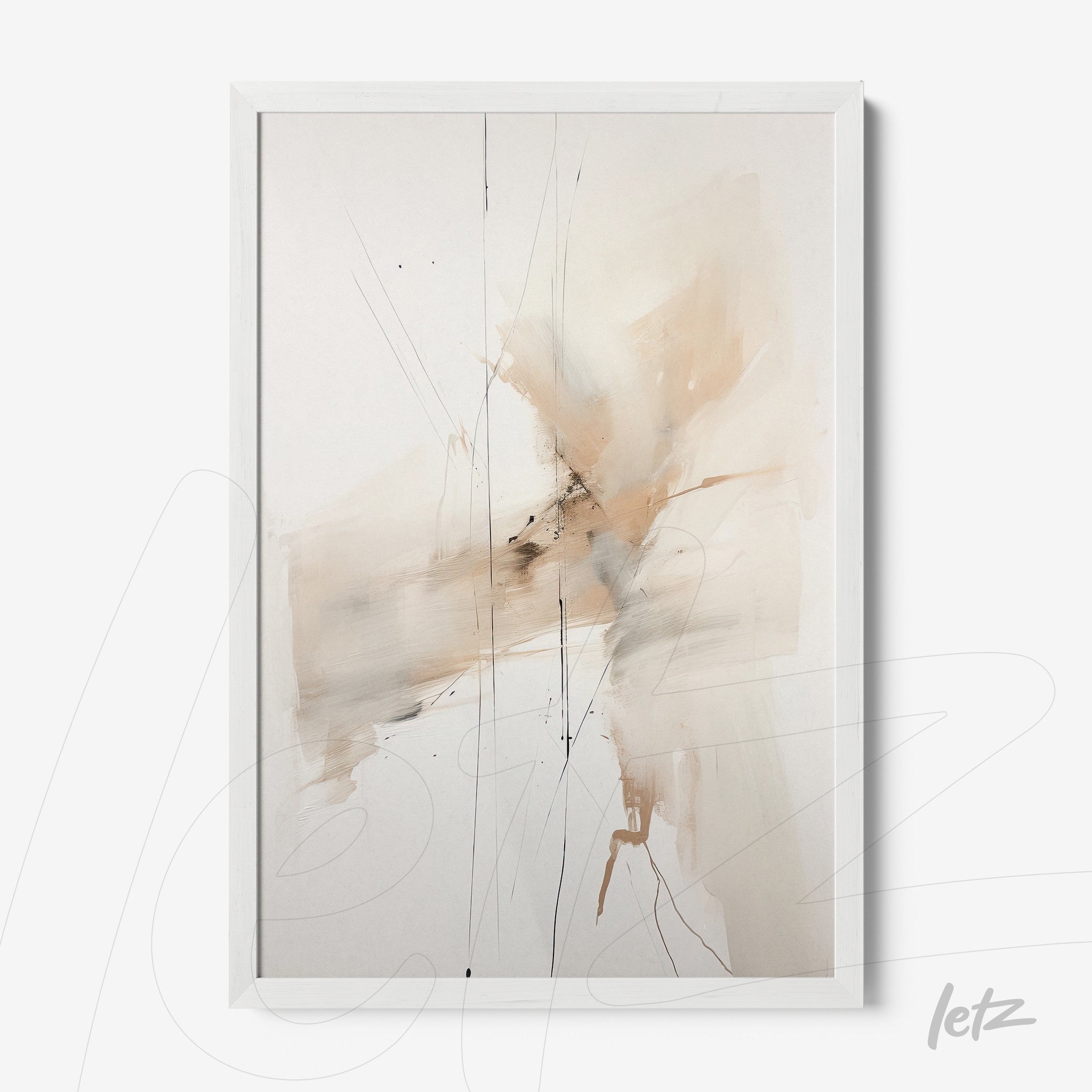 quadro com arte abstrata em tons neutros, emoldurado com moldura branca