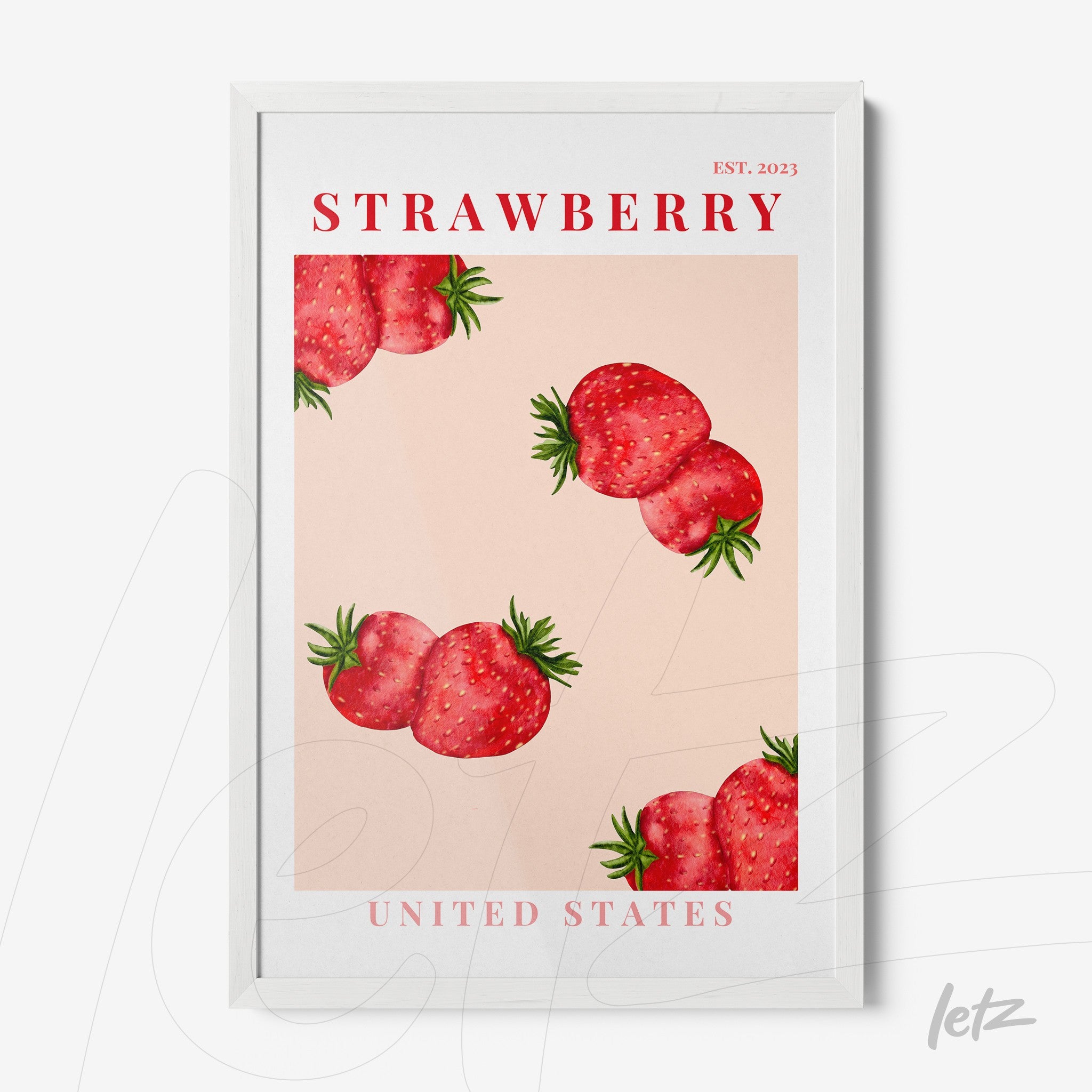 quadro com ilustração de morangos em fundo rosa com moldura branca