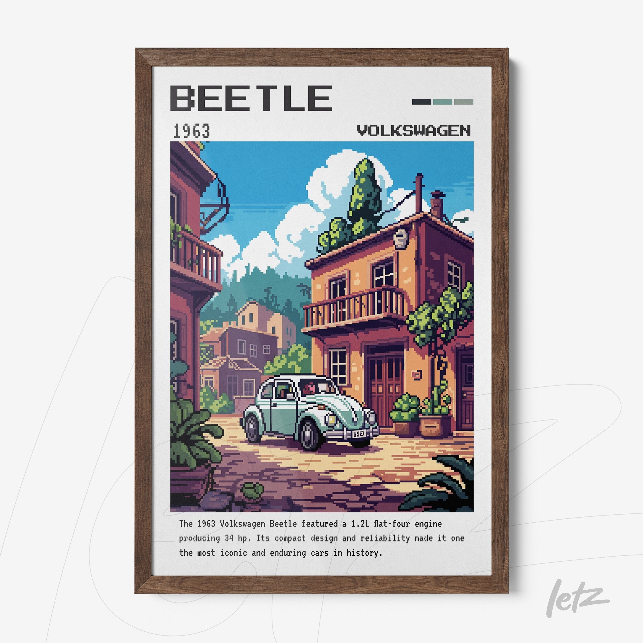 quadro com arte digital do carro Volkswagen Beetle de 1963 em um cenário urbano colorido com prédios de estilo retrô