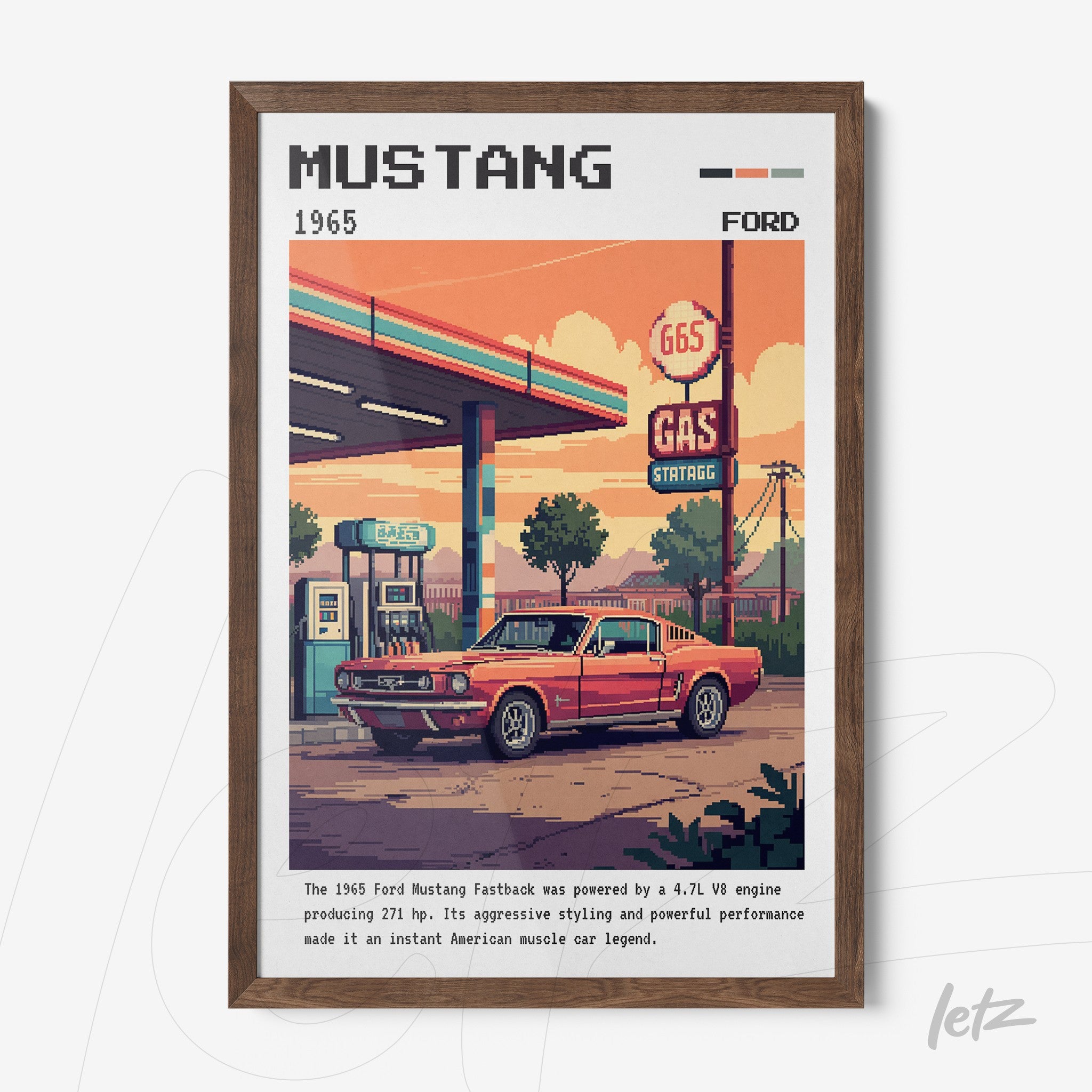 quadro com arte em pixel do carro Ford Mustang 1965 sob um posto de gasolina, moldura de madeira escura