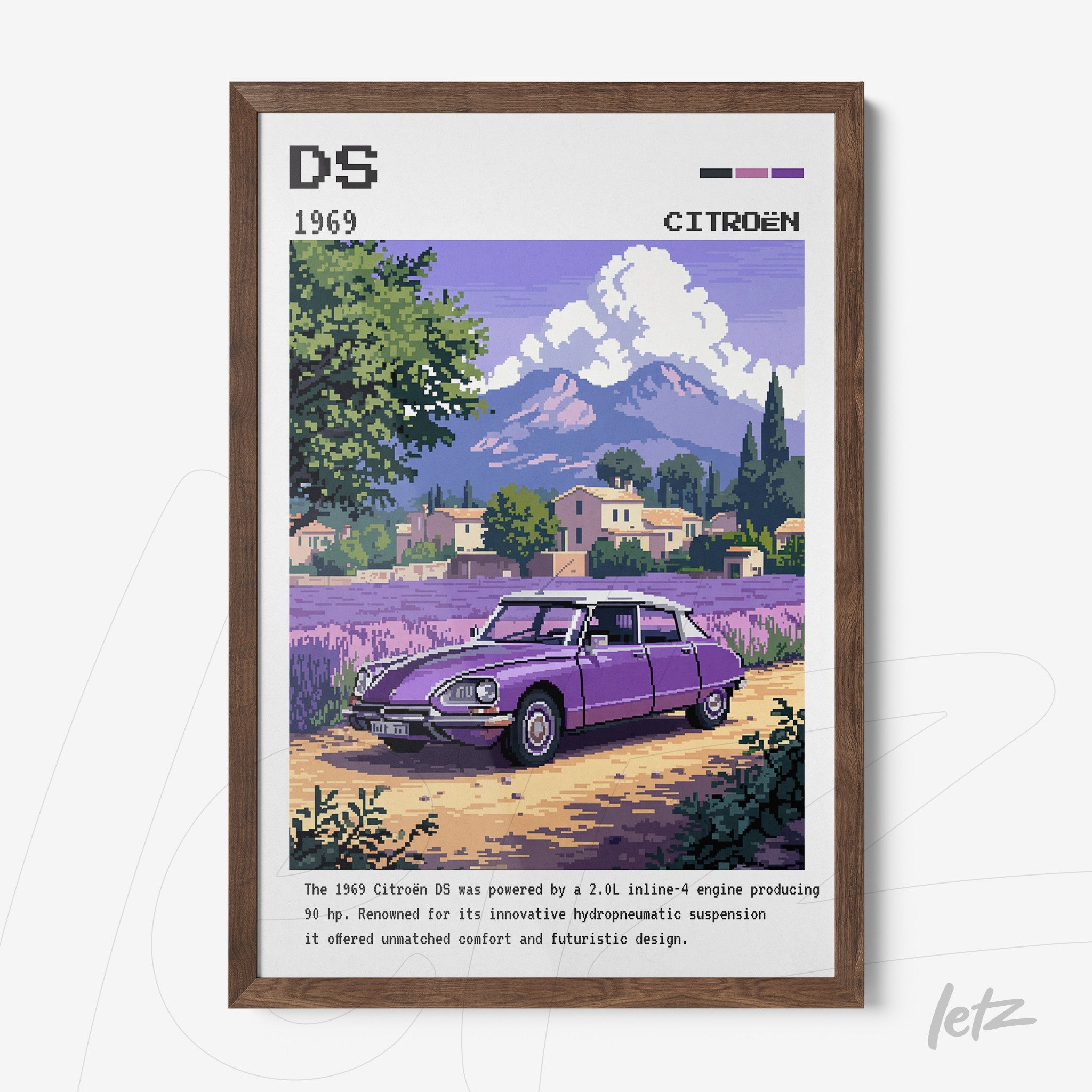 quadro com arte digital do carro Citroën DS 1969 em moldura de madeira escura, com fundo de paisagem rural e montanhas ao fundo
