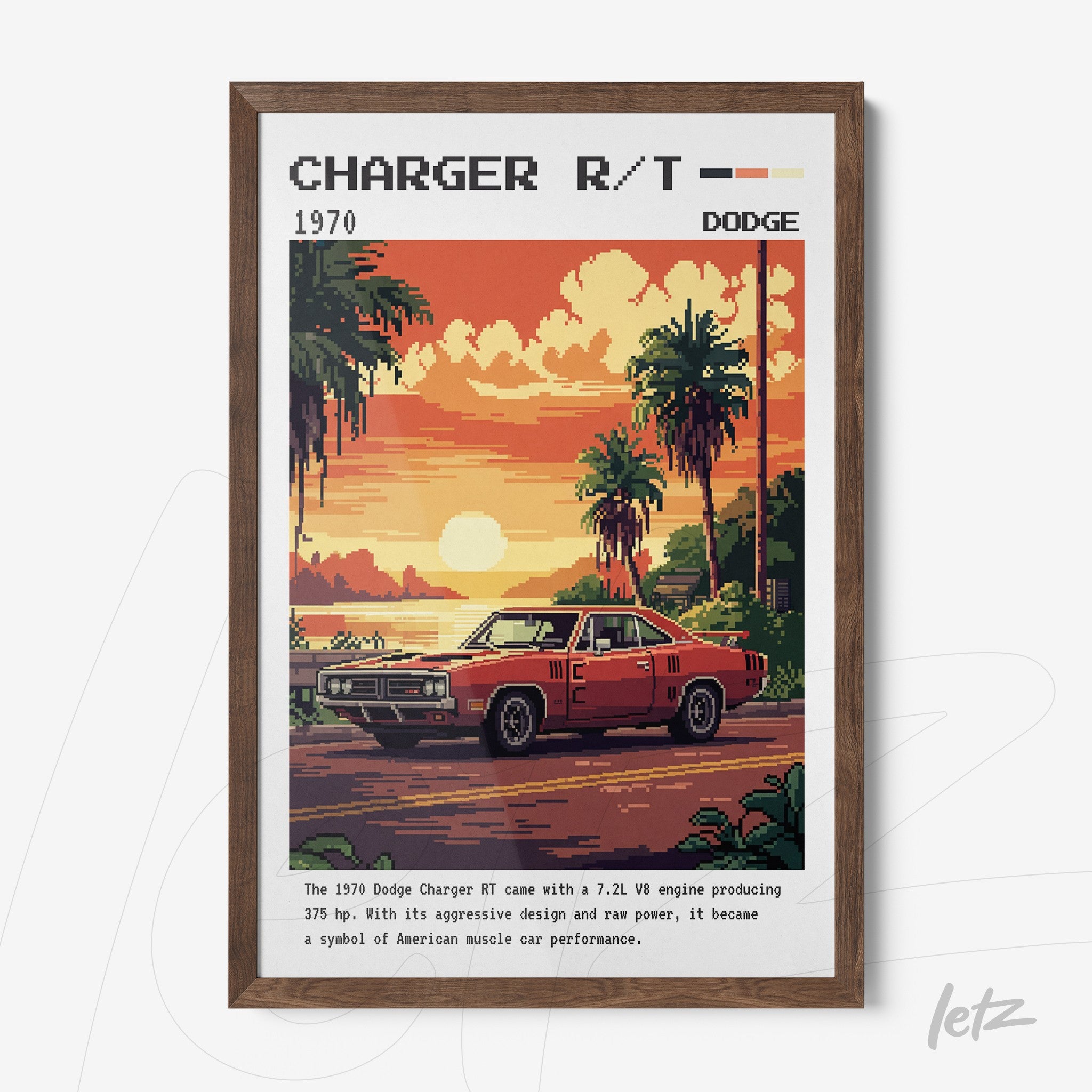 quadro com arte pixelada de um Dodge Charger R/T 1970 em frente a palmeiras, moldura de madeira clara
