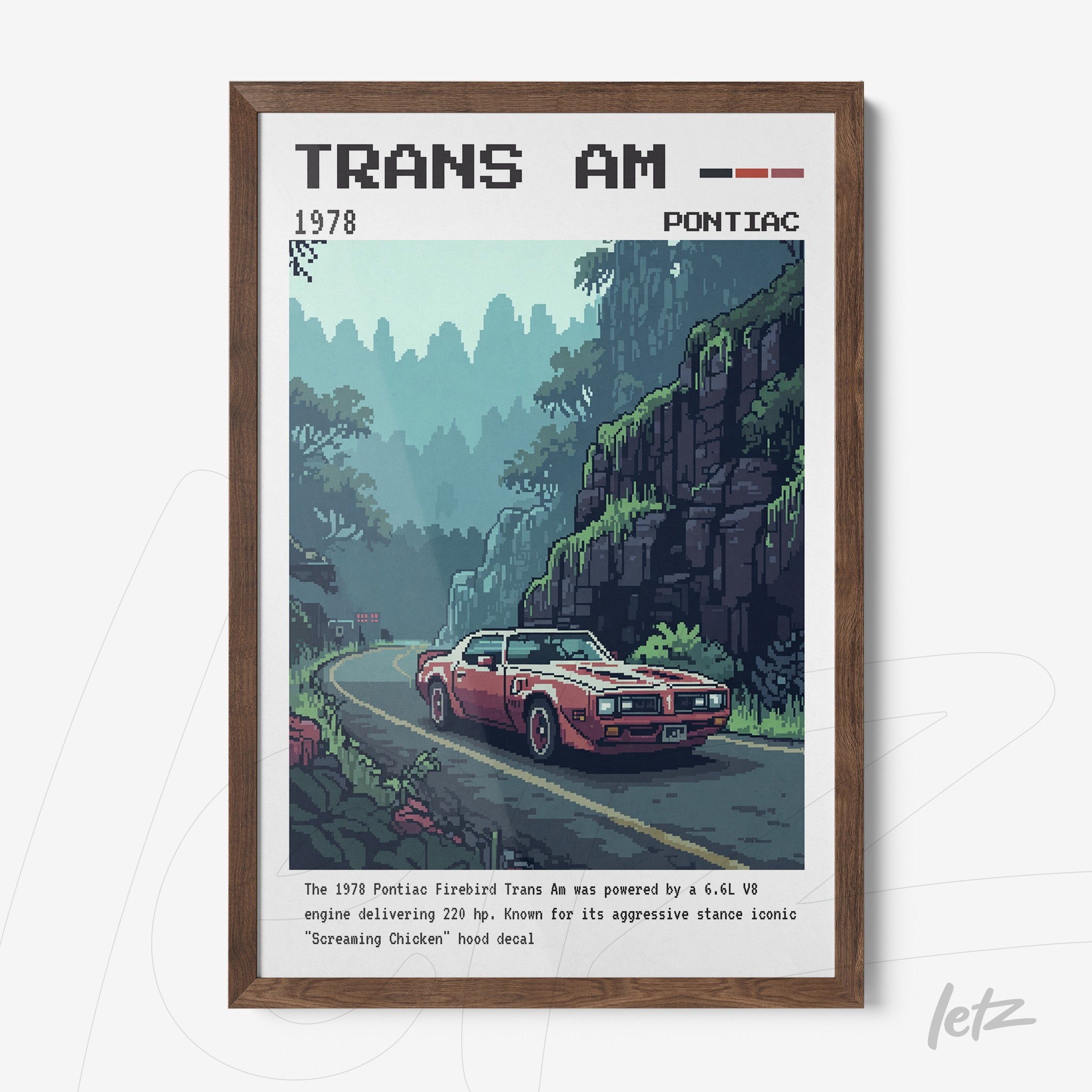 quadro com arte pixelada de um Pontiac Trans Am de 1978 em meio a uma paisagem montanhosa verde, moldura de madeira escura