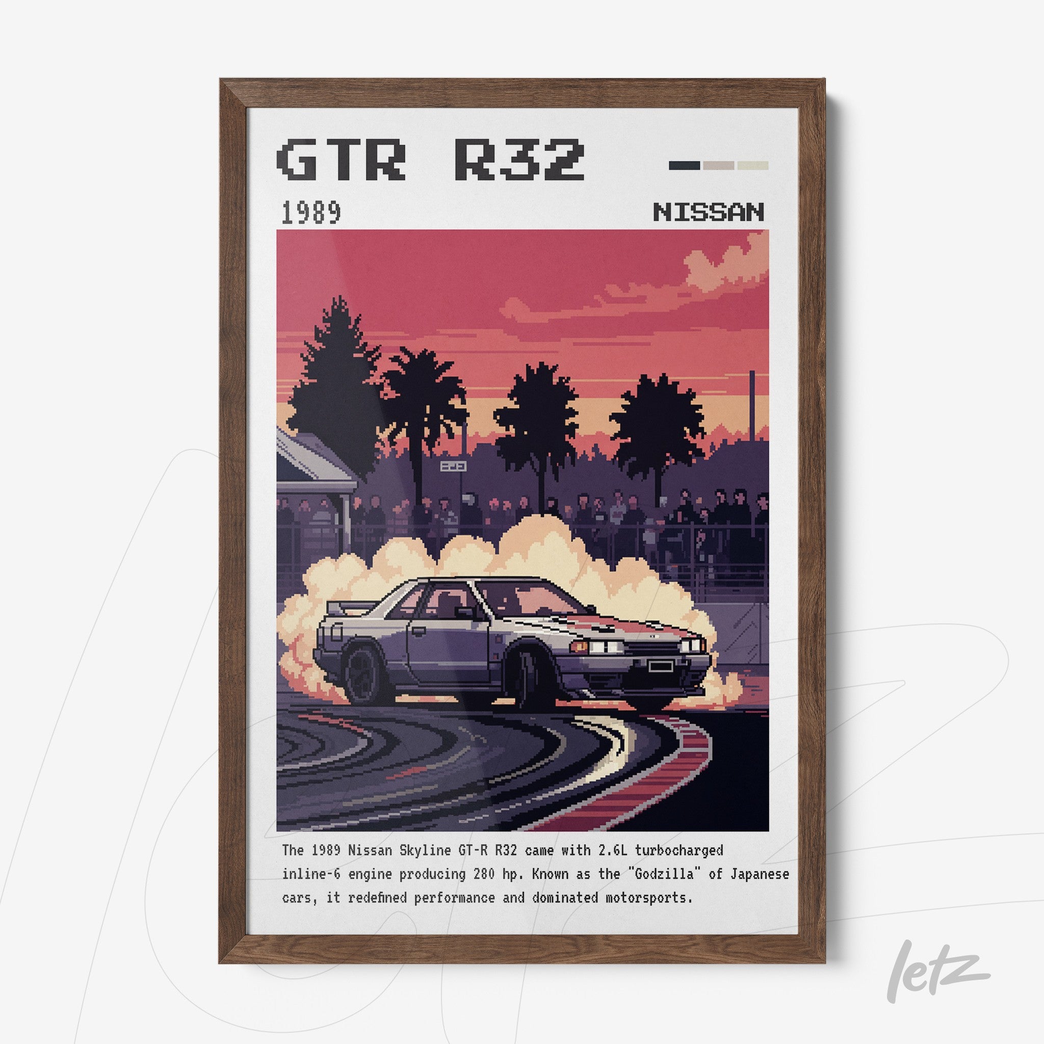quadro com arte pixelada do Nissan Skyline GTR R32 em moldura de madeira escura com fundo de pôr do sol