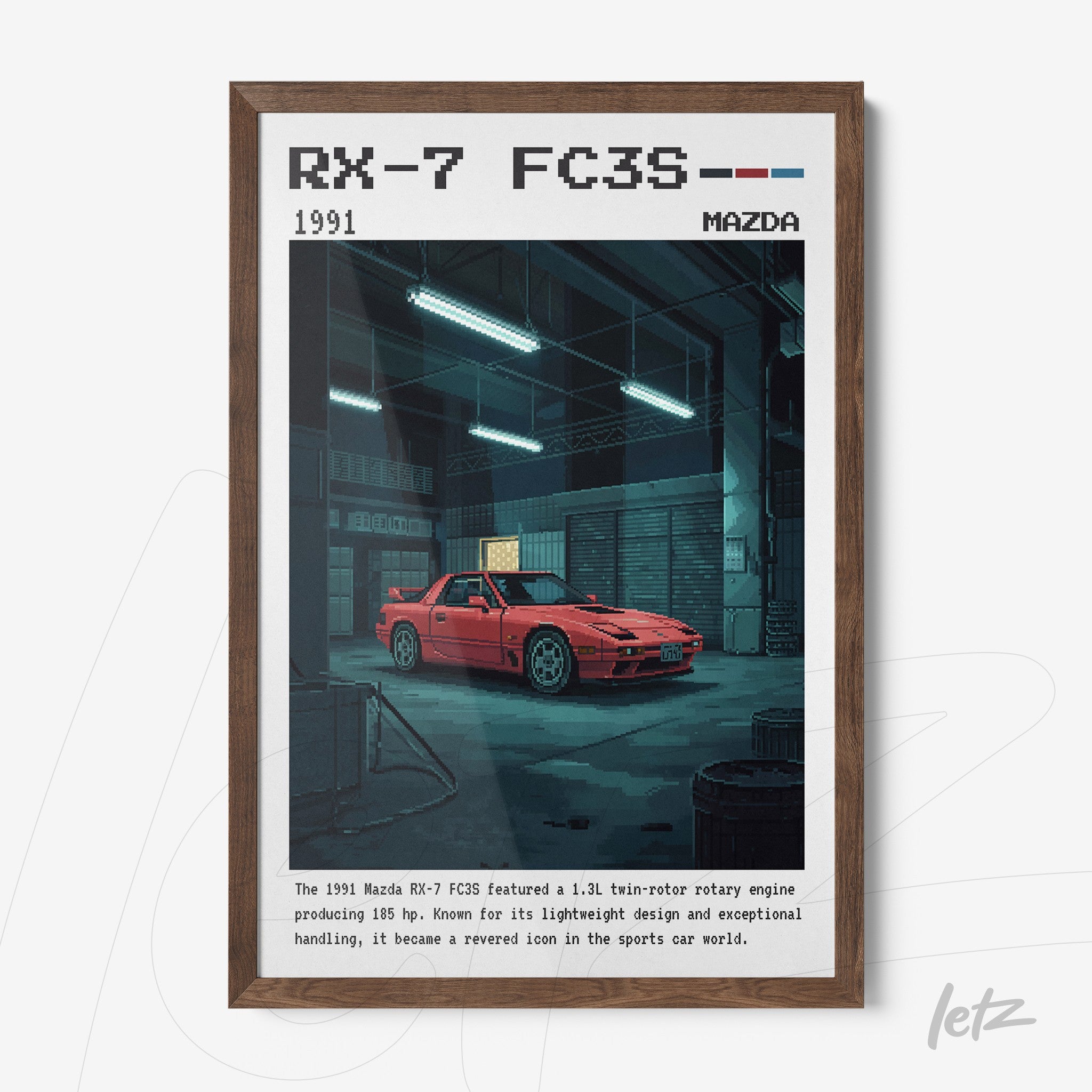 quadro emoldurado com ilustração do carro Mazda RX-7 FC3S de 1991, com fundo de oficina e luzes suaves