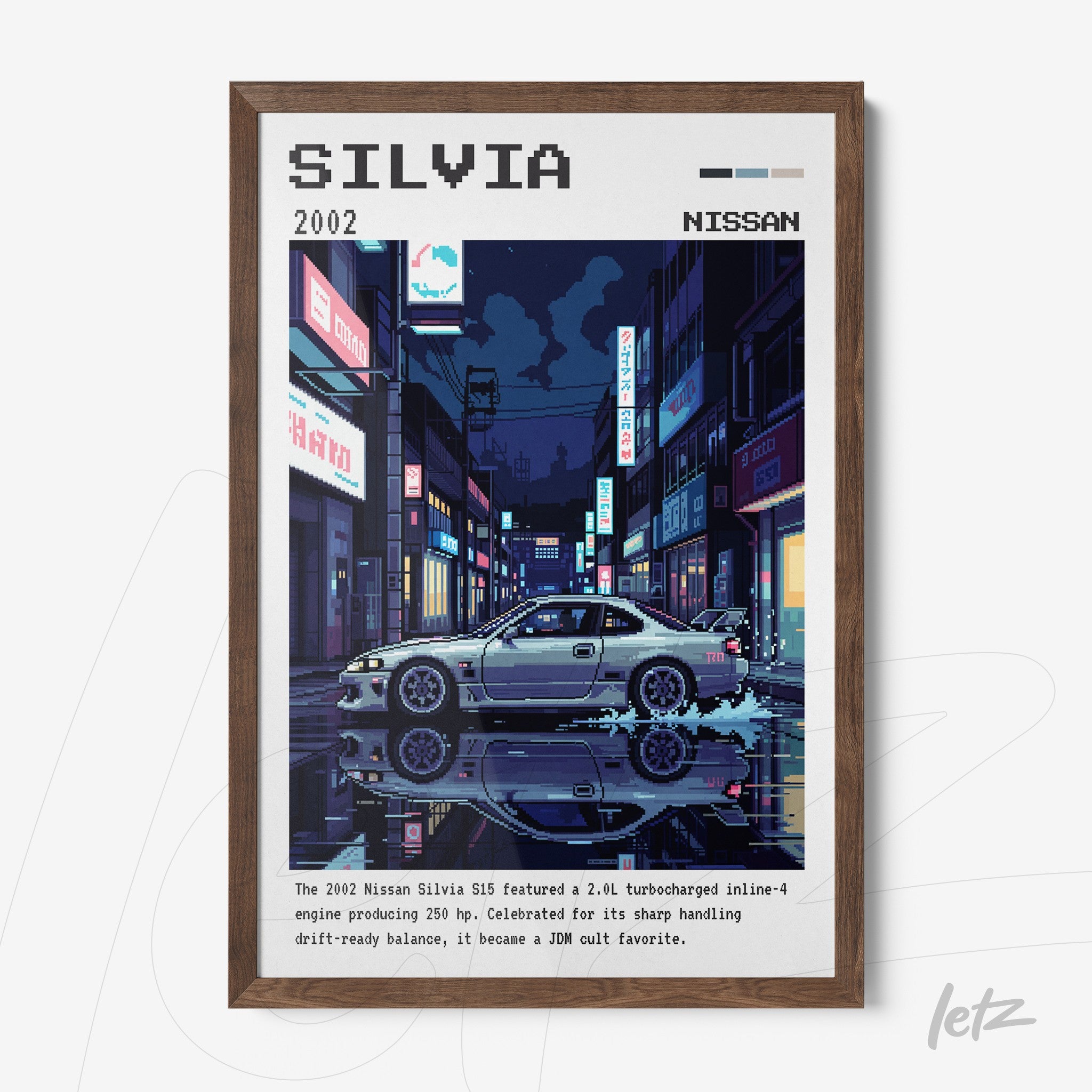 quadro com arte digital do carro Nissan Silvia 2002 com fundo noturno e moldura de madeira escura