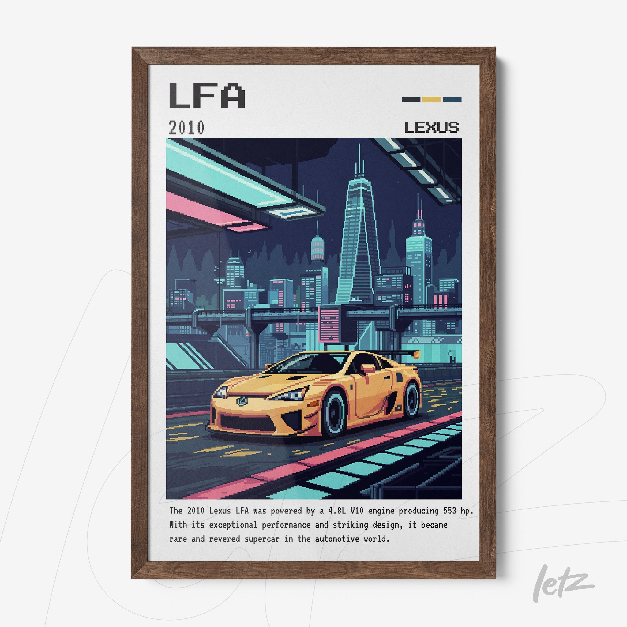 quadro digital de estilo retrô apresentando um carro Lexus LFA em uma cidade futurista com luzes neon em moldura de madeira escura