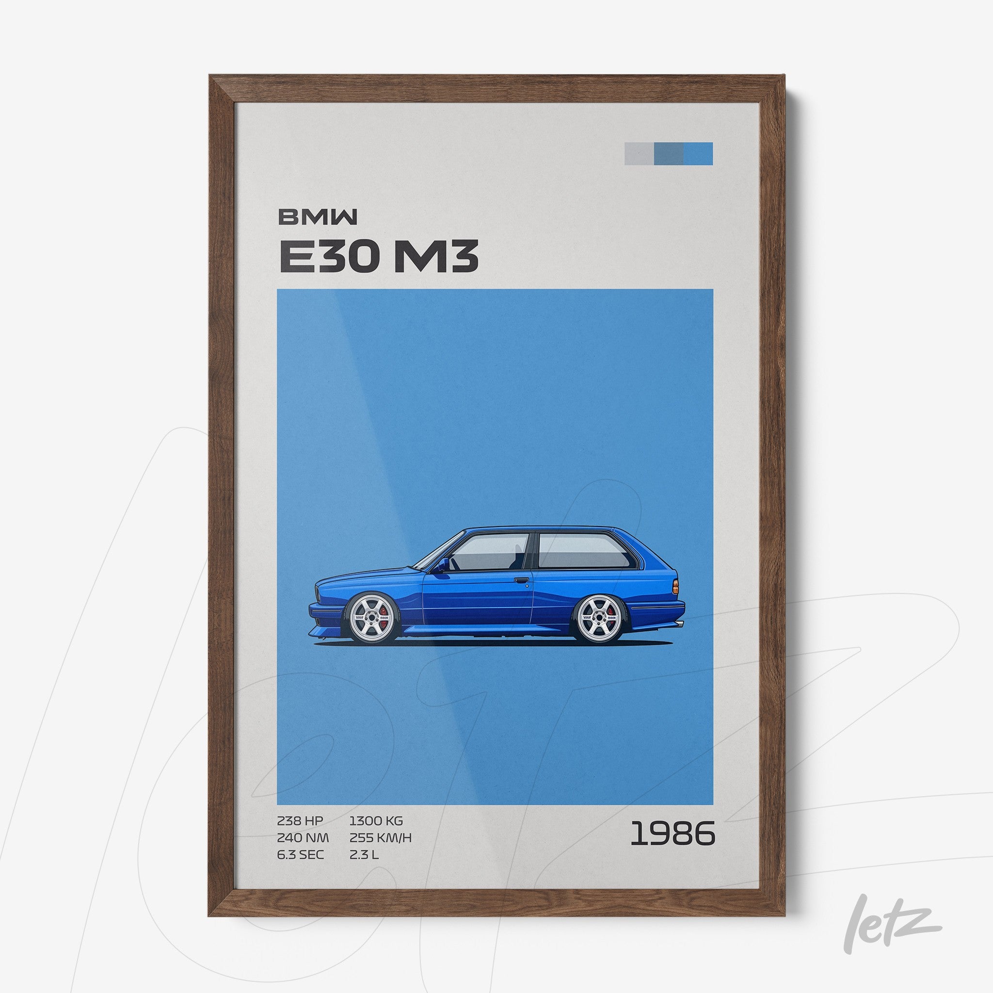 quadro com ilustração do carro BMW E30 M3 em fundo azul, moldura de madeira escura