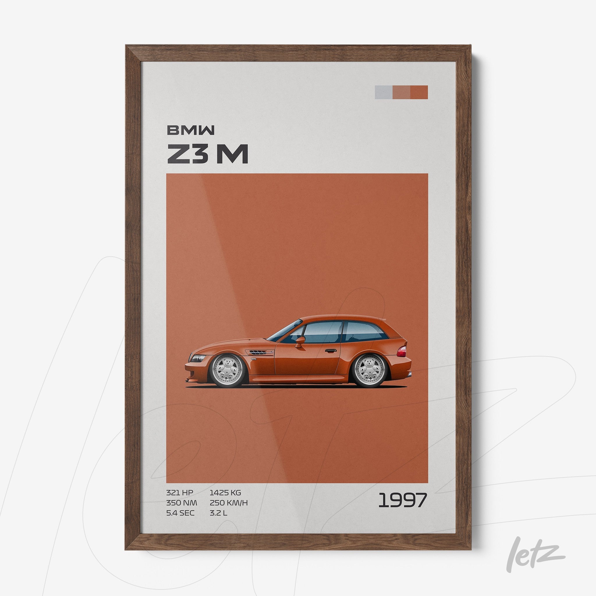 quadro com arte gráfica do carro BMW Z3M em moldura de madeira escura