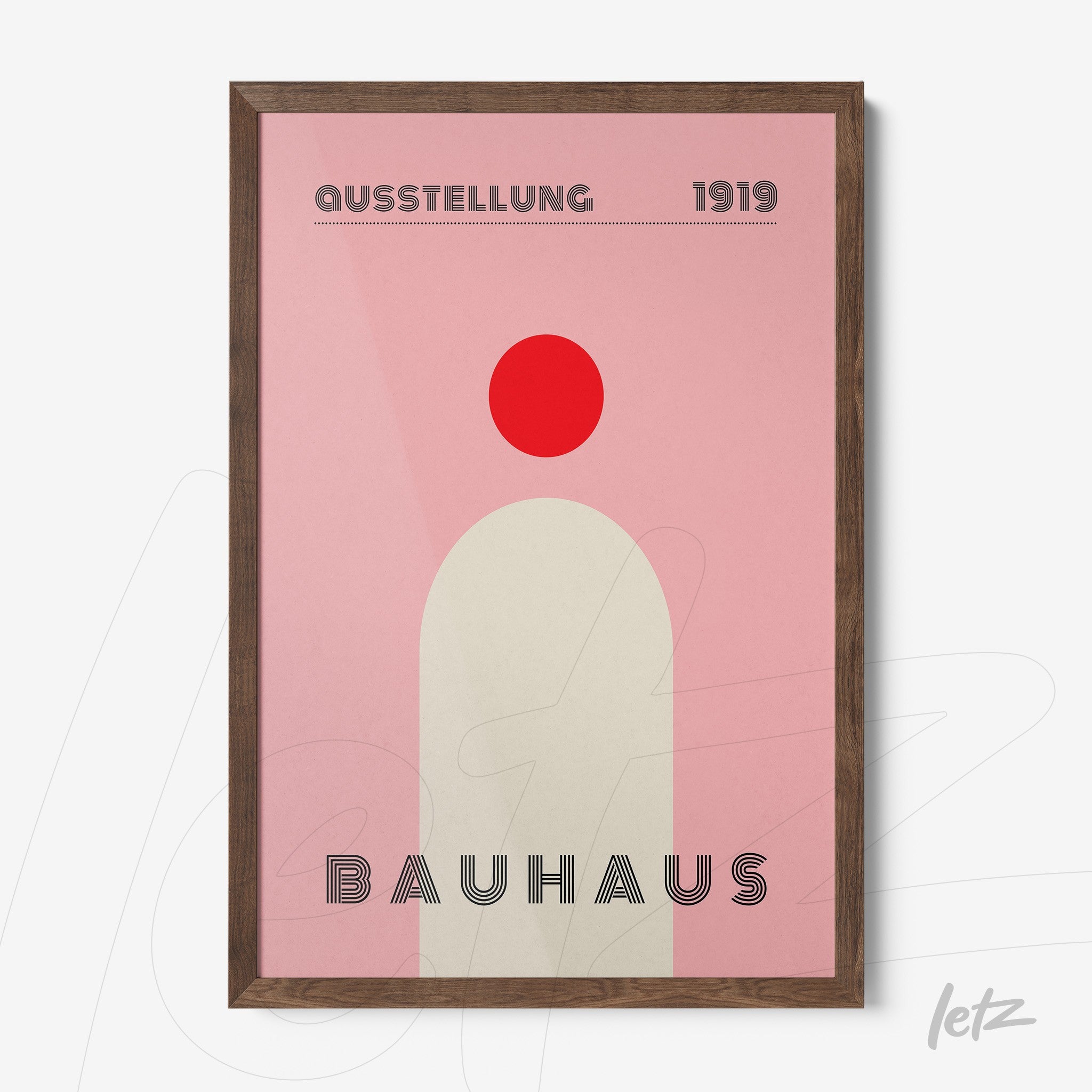 quadro emoldurado com arte moderna estilo Bauhaus, apresentando formas geométricas minimalistas em rosa e vermelho