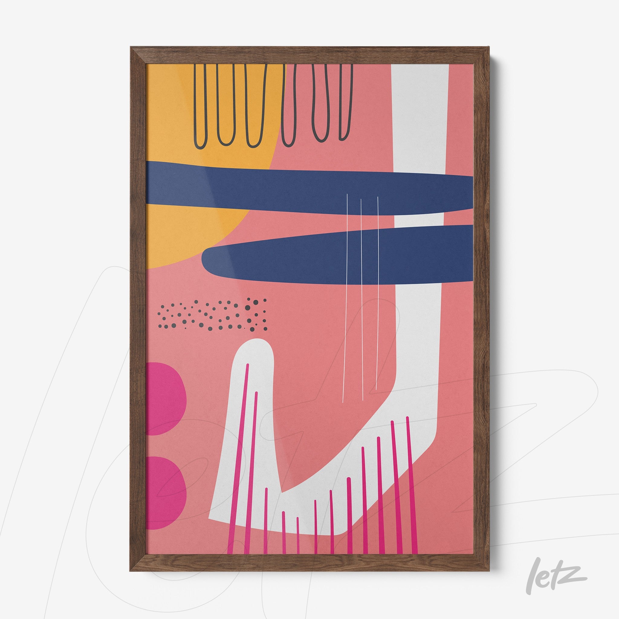 quadro boho com formas geométricas em cores modernas como rosa, amarelo e azul, moldura de madeira freijó