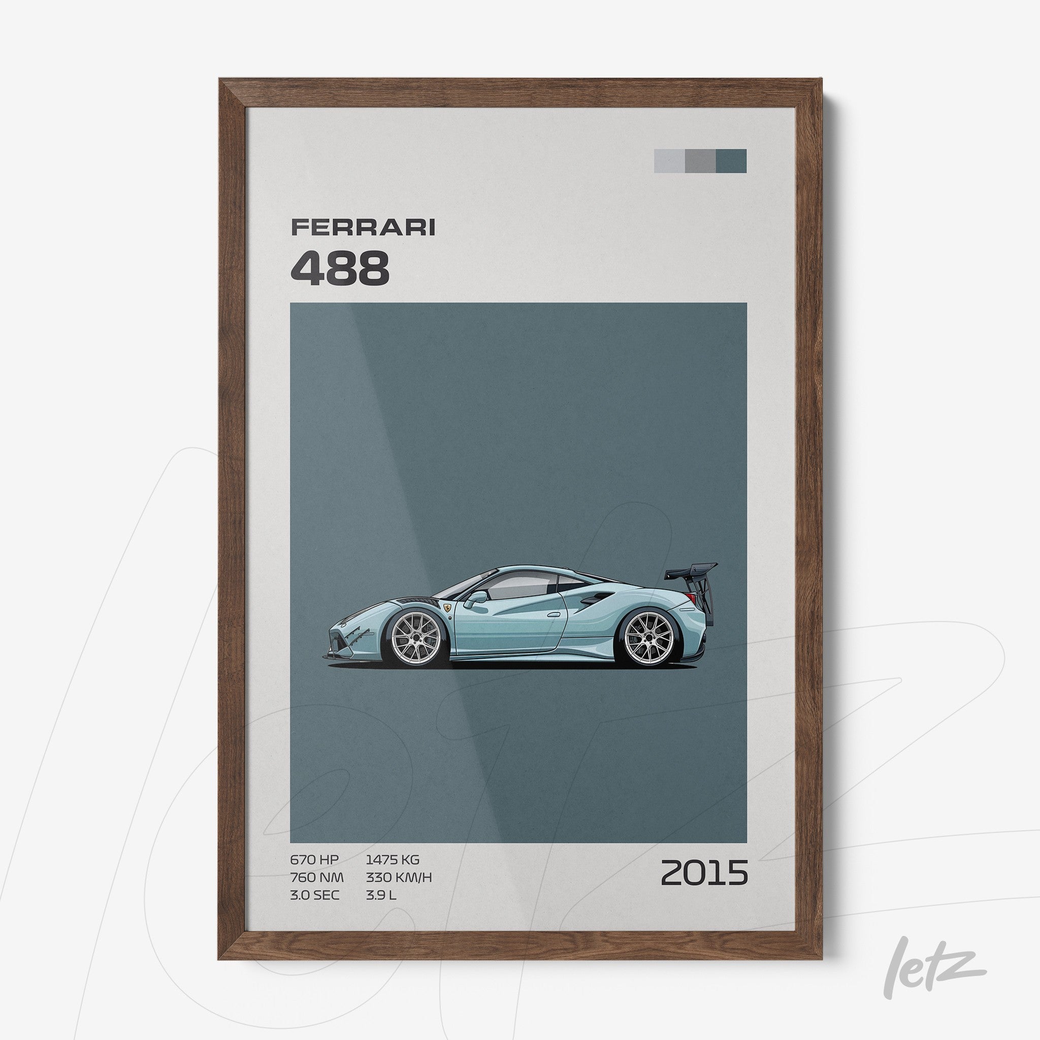 quadro decorativo com ilustração do carro esportivo Ferrari 488 em moldura de madeira escura