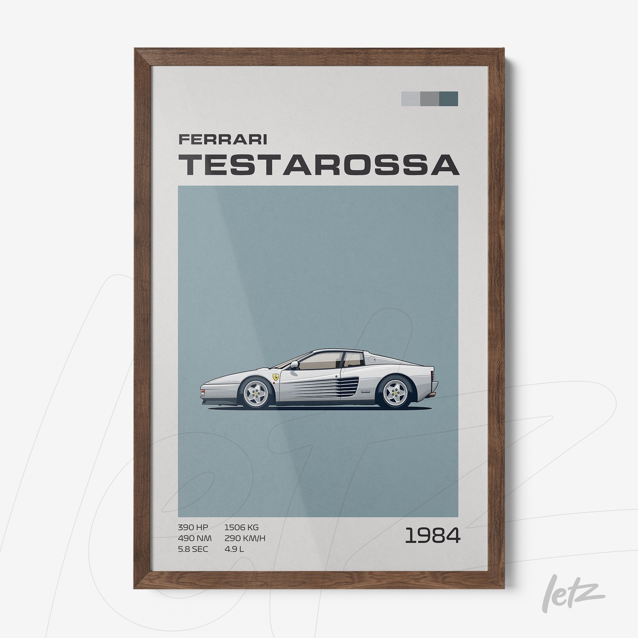 quadro com ilustração retro do carro Ferrari Testarossa, moldura de madeira escura, fundo azul claro