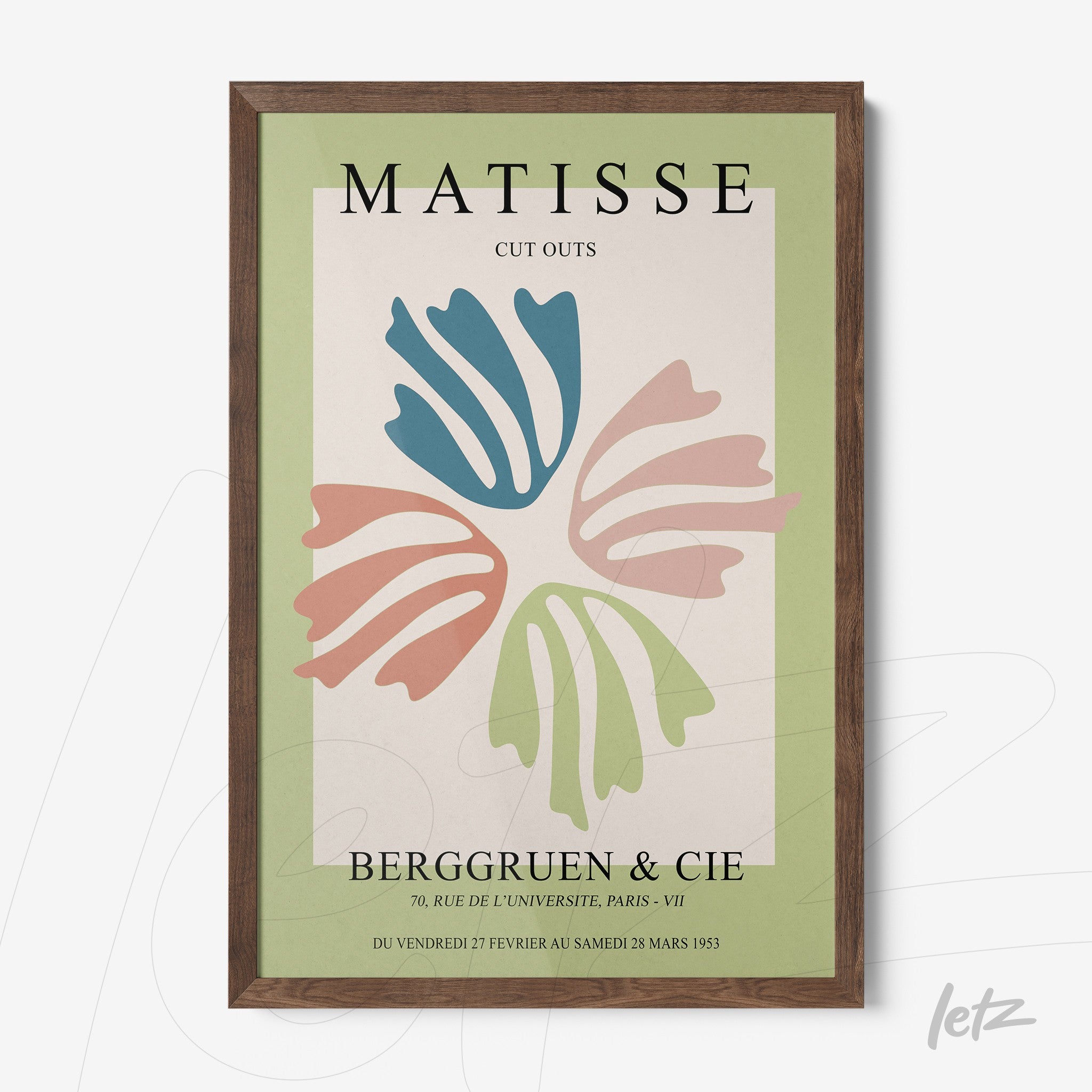 quadro com arte moderna de recortes no estilo de Matisse em moldura de madeira escura