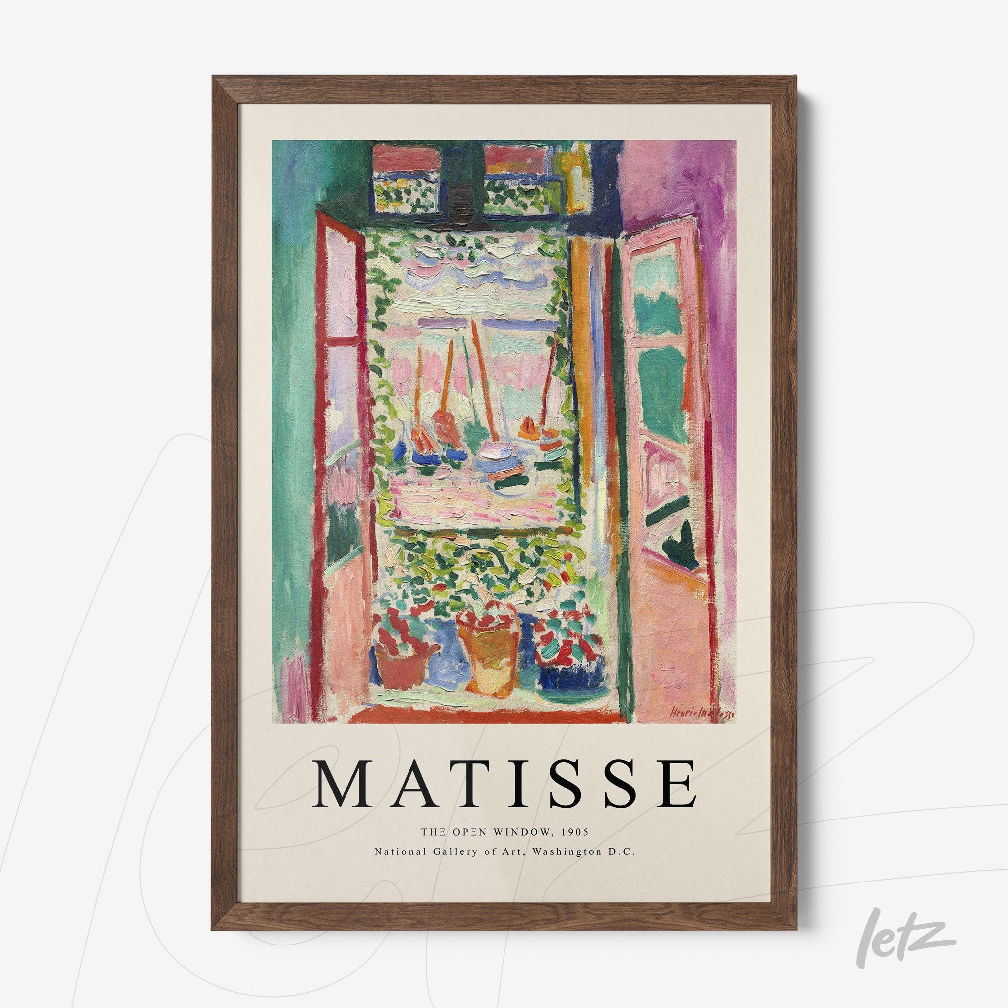quadro com arte de Henri Matisse, A Janela Aberta, em moldura de madeira escura com fundo claro