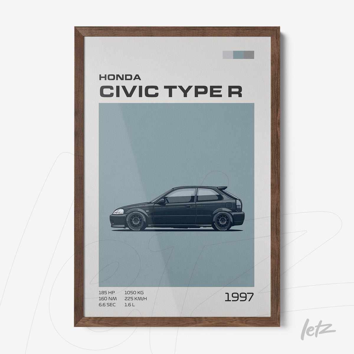 quadro com ilustração do Honda Civic Type R 1997 em moldura de madeira escura