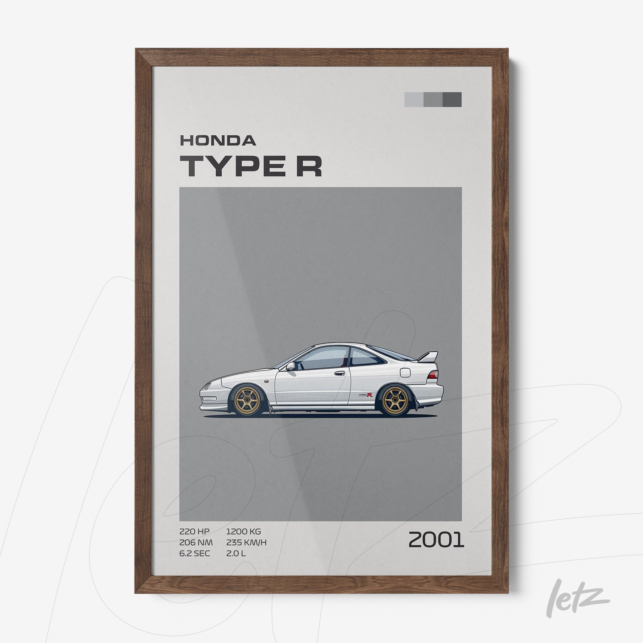 quadro com arte digital ilustrando o carro Honda Type R em fundo cinza, com moldura de madeira clara