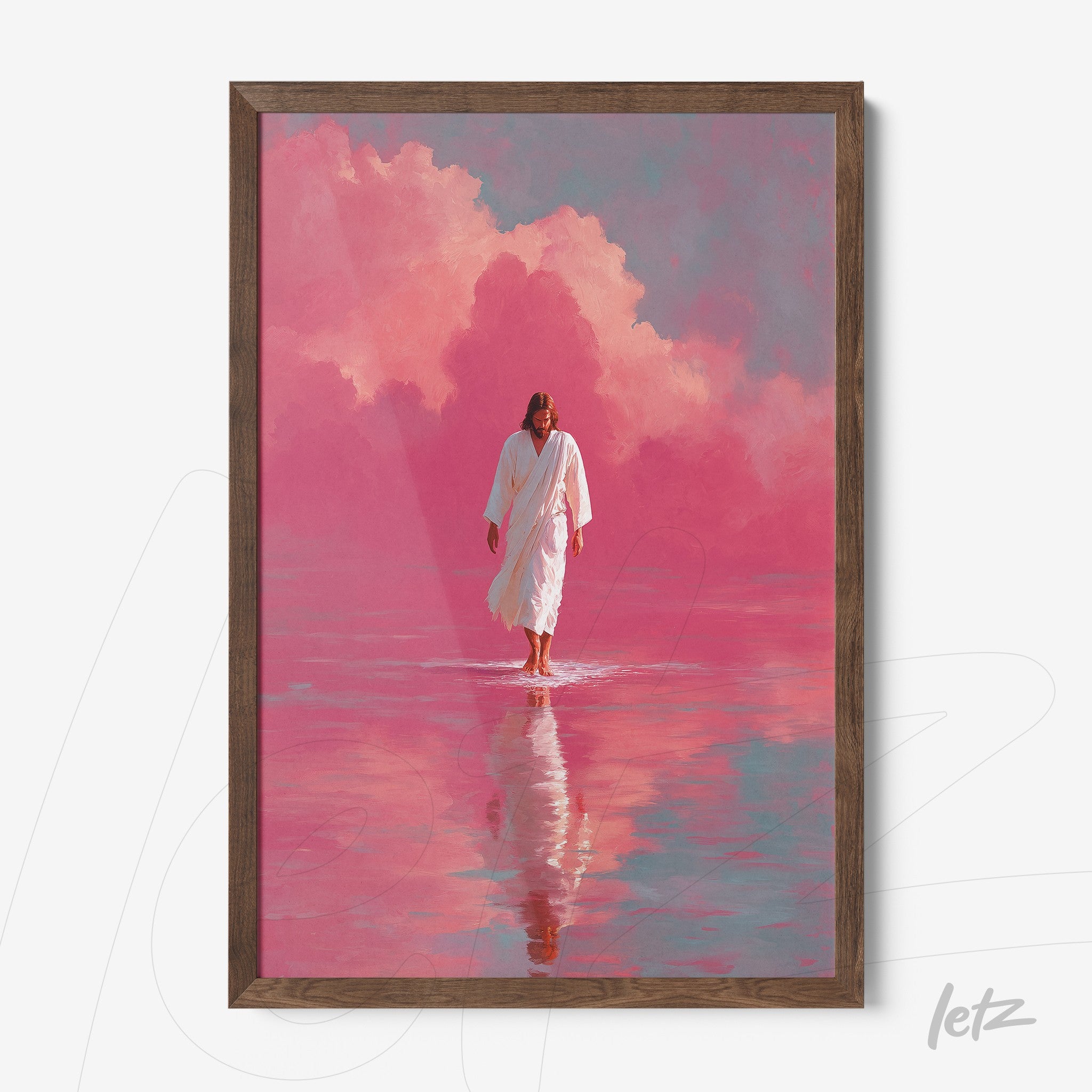 quadro com arte de figura religiosa caminhando sobre a água com fundo rosa e nuvens