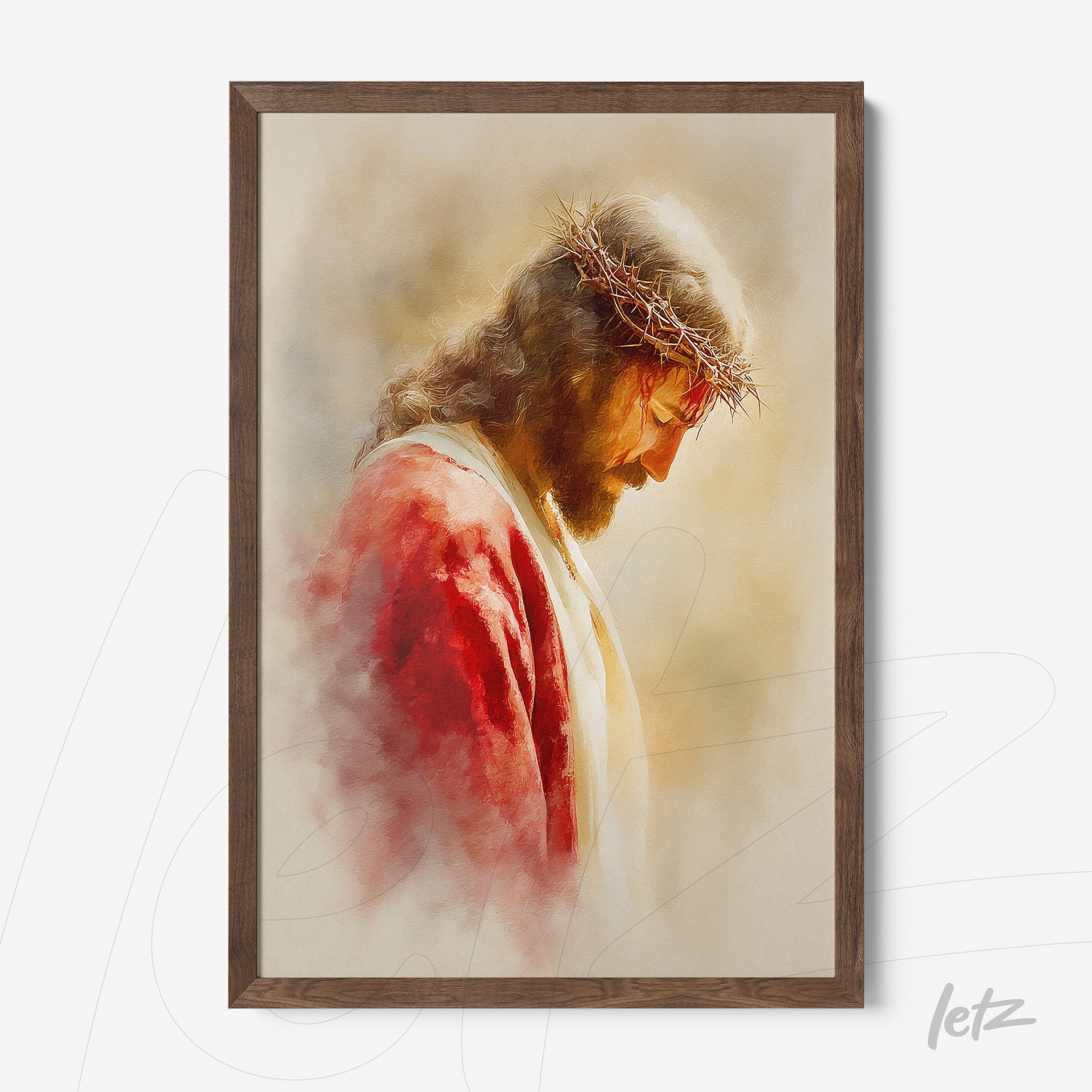 quadro com arte digital de Jesus Cristo com coroa de espinhos, em moldura de madeira escura