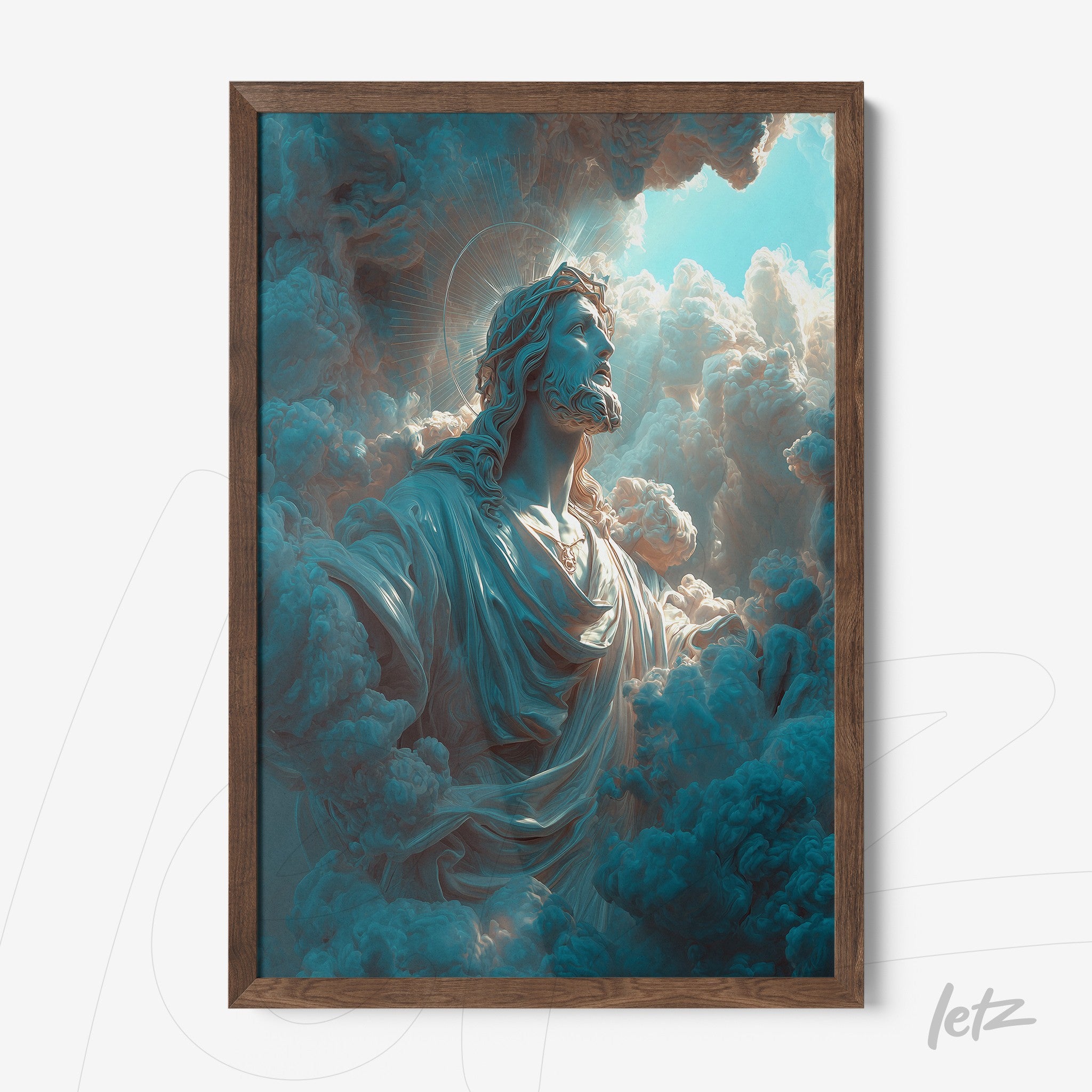 quadro com arte digital de figura divina emergindo entre nuvens, em moldura de madeira escura