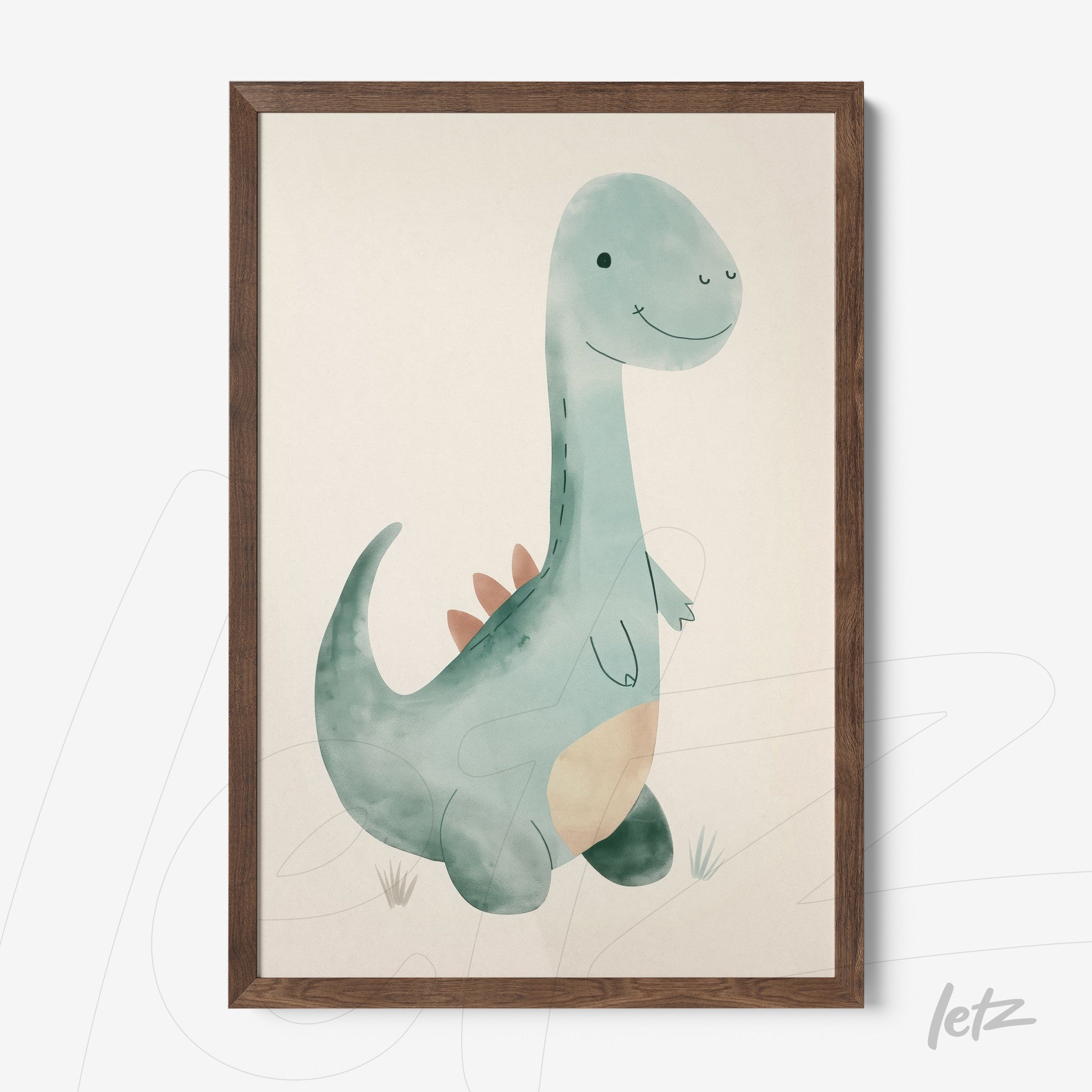 quadro com ilustração infantil de dinossauro em moldura de madeira escura