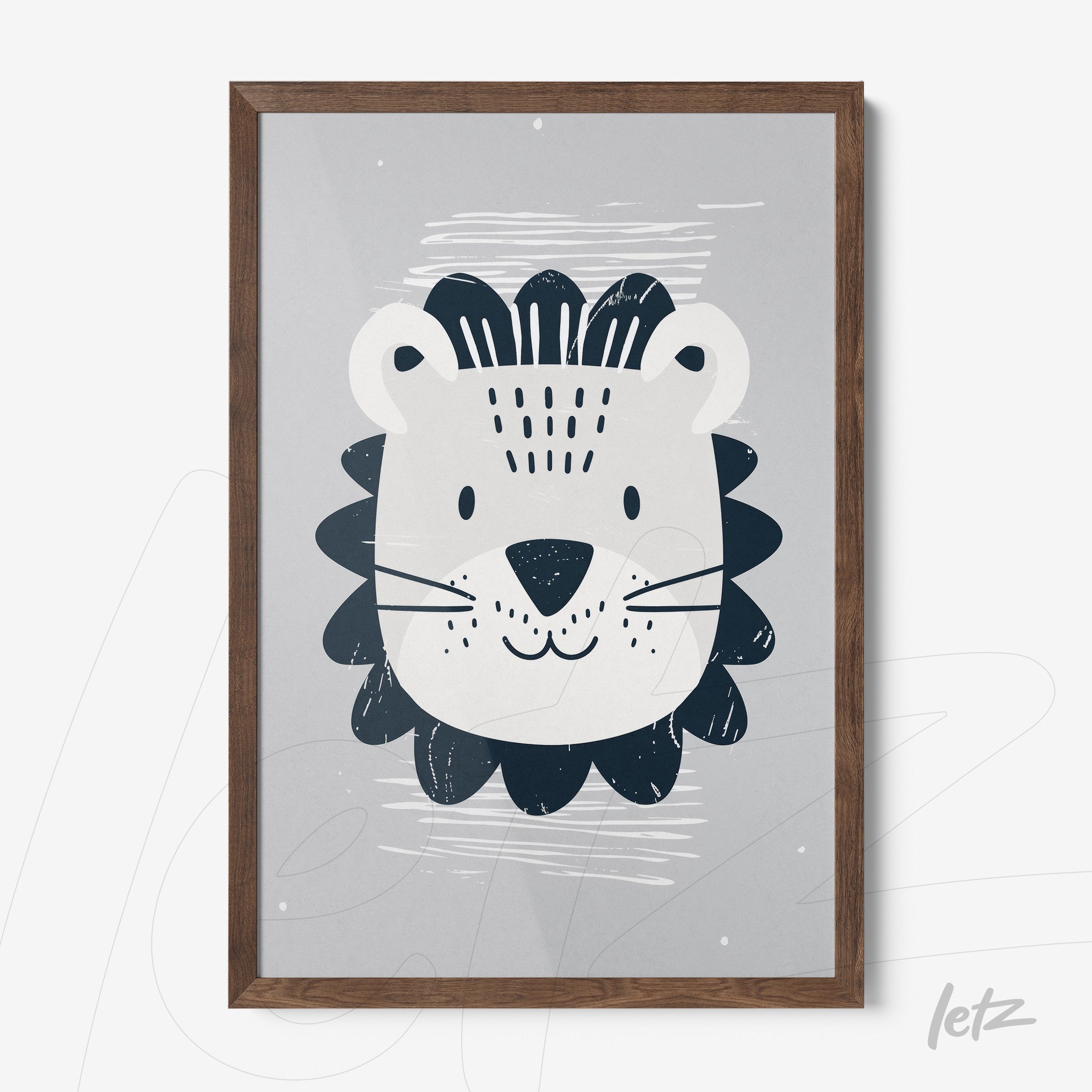 quadro com ilustração moderna de um leão sorridente em moldura de madeira escura