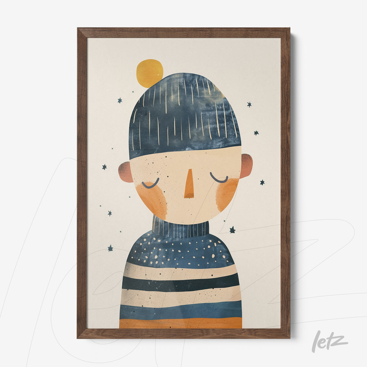 quadro com ilustração de uma figura humana usando um gorro e suéter com padrões em azul e laranja, moldura de madeira escura