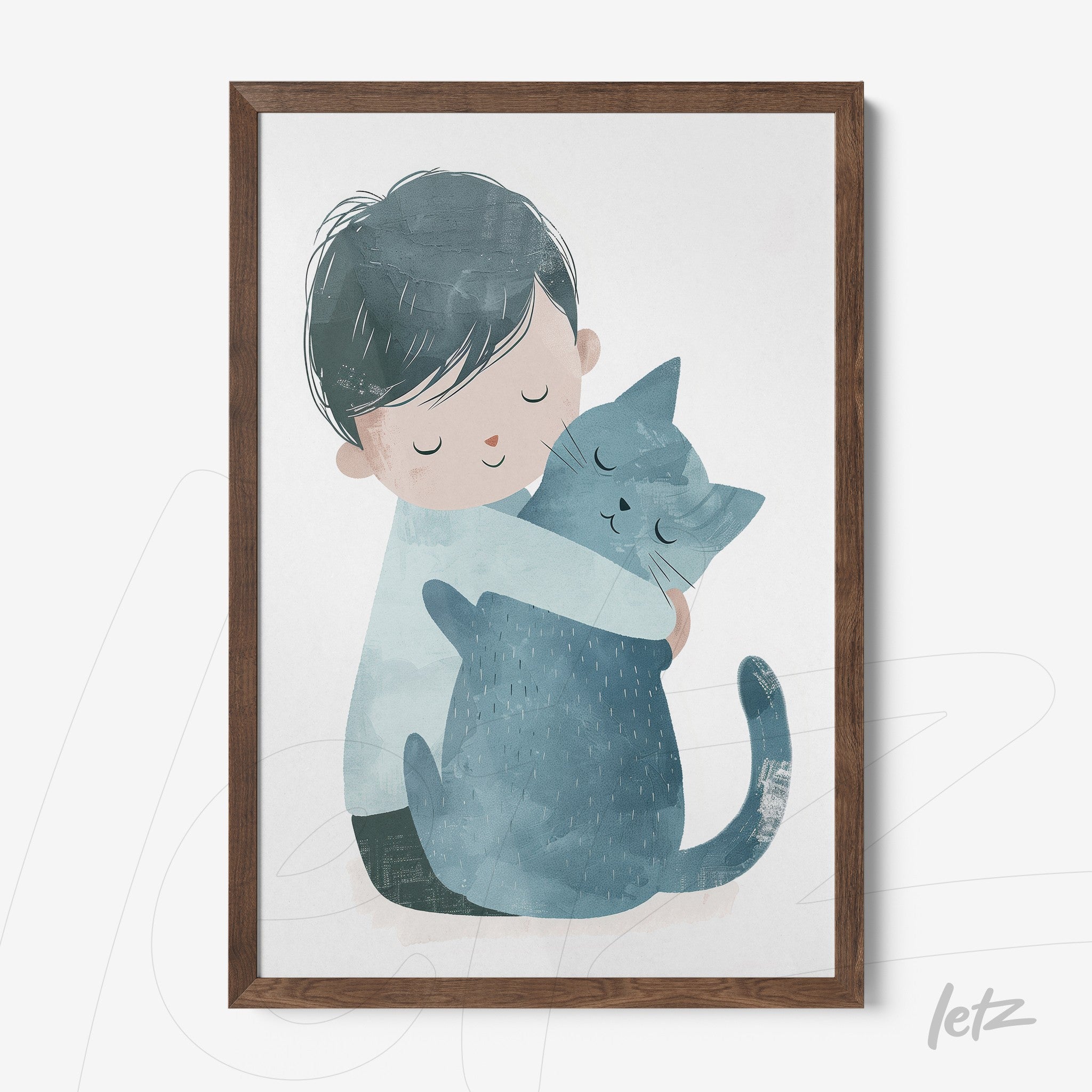 quadro com ilustração infantil de menino abraçando um gato azul, em moldura de madeira escura
