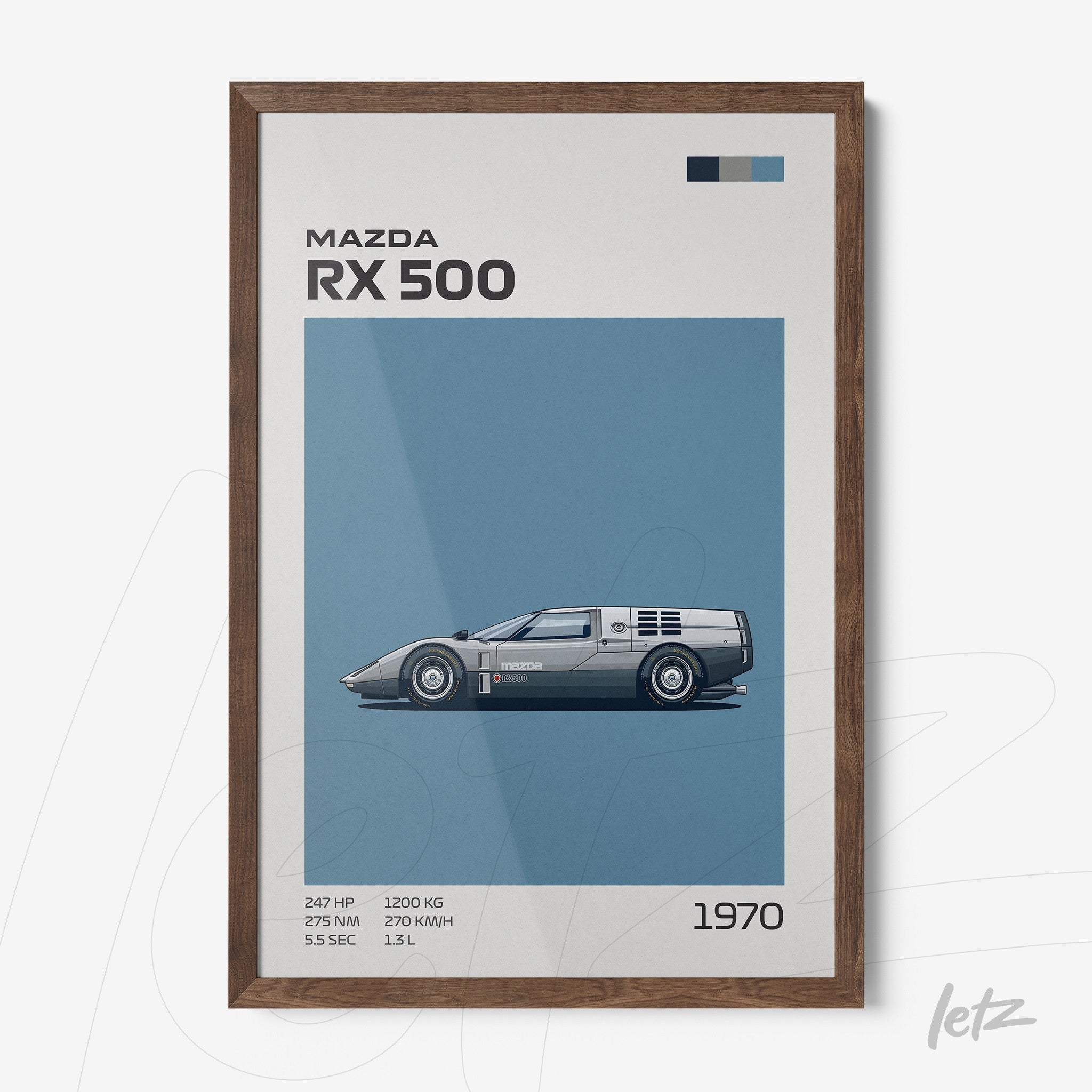 quadro com arte vetorial do carro Mazda RX 500 em moldura madeira escura