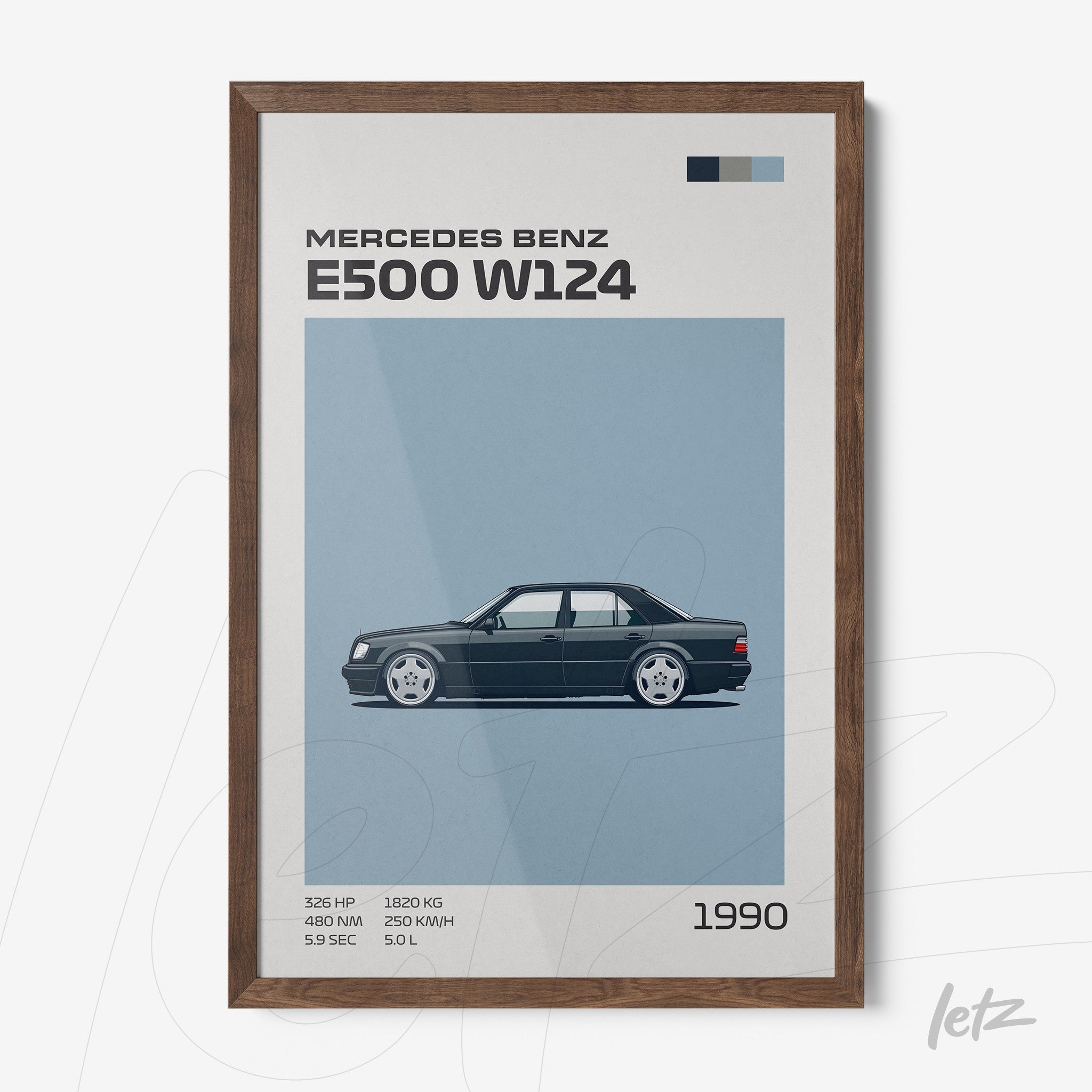 quadro com arte digital do carro Mercedes Benz E500 W124 em moldura de madeira escura