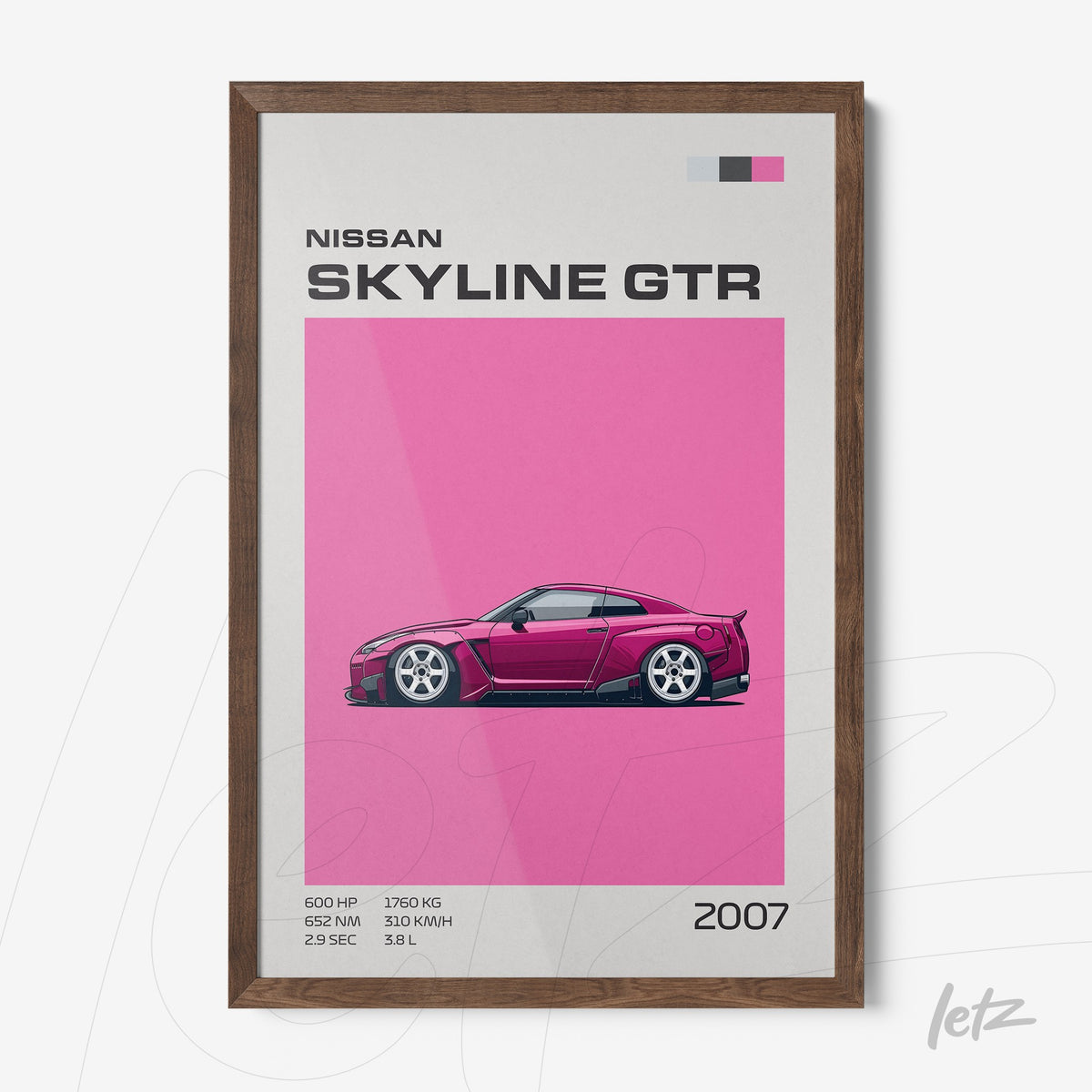 quadro com arte digital do carro Nissan Skyline GTR em fundo rosa vibrante e moldura de madeira escura