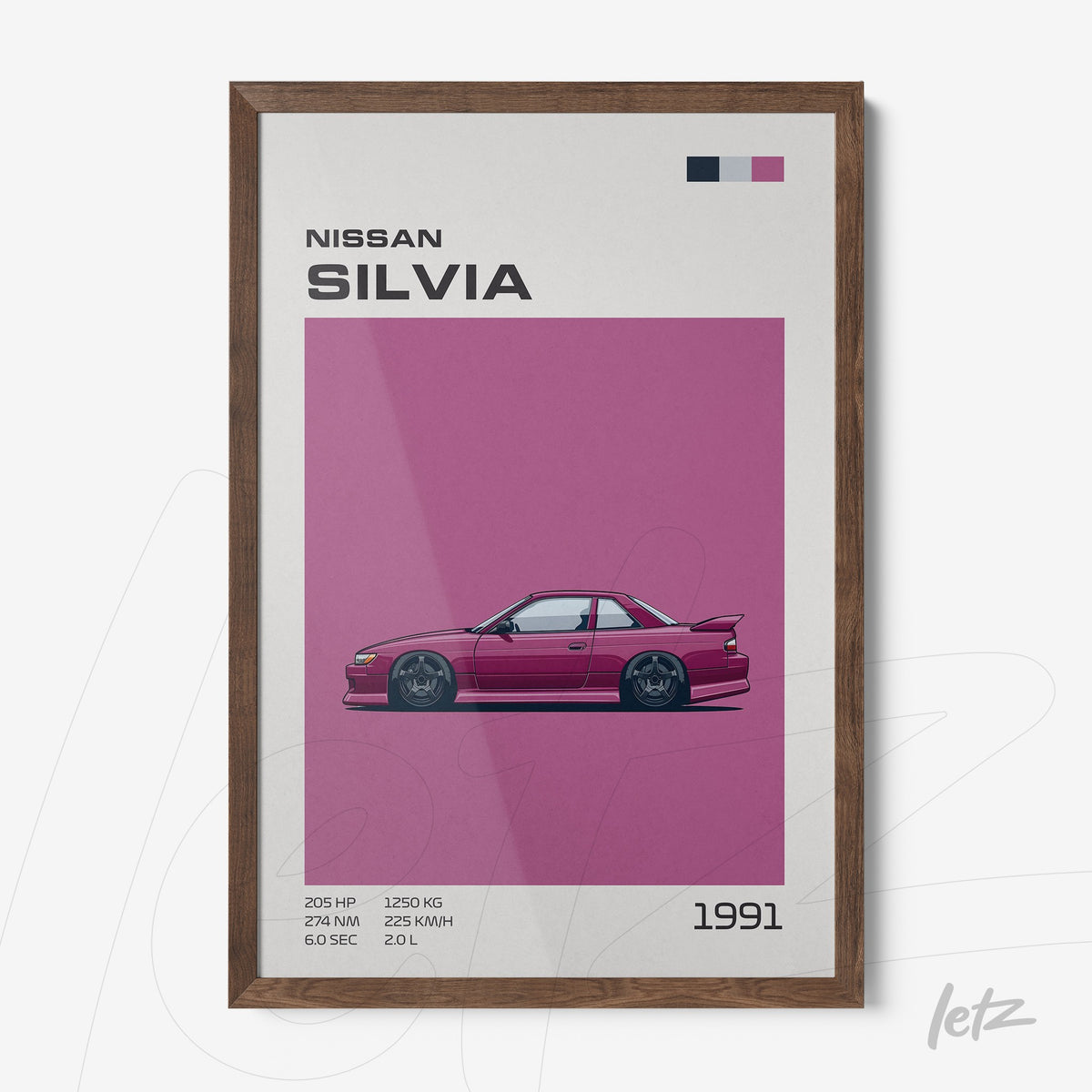 quadro com arte chamativa do carro Nissan Silvia em fundo rosa vibrante com moldura de madeira escura