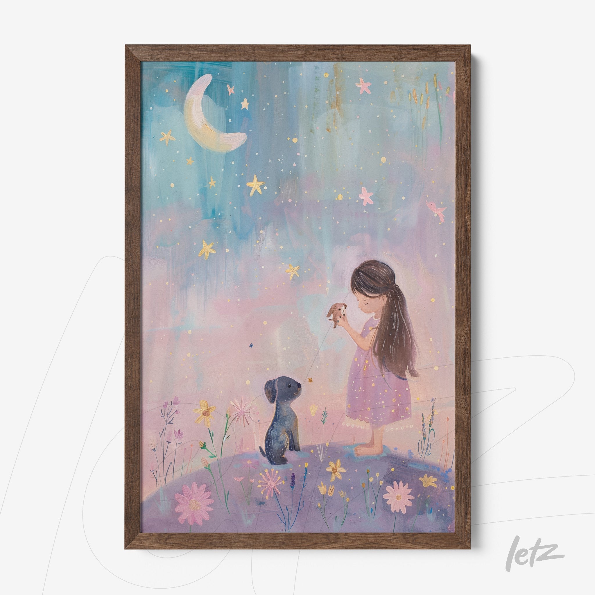 quadro com arte infantil de menina com vestido rosa segurando um passarinho e cachorro ao lado sob um céu estrelado