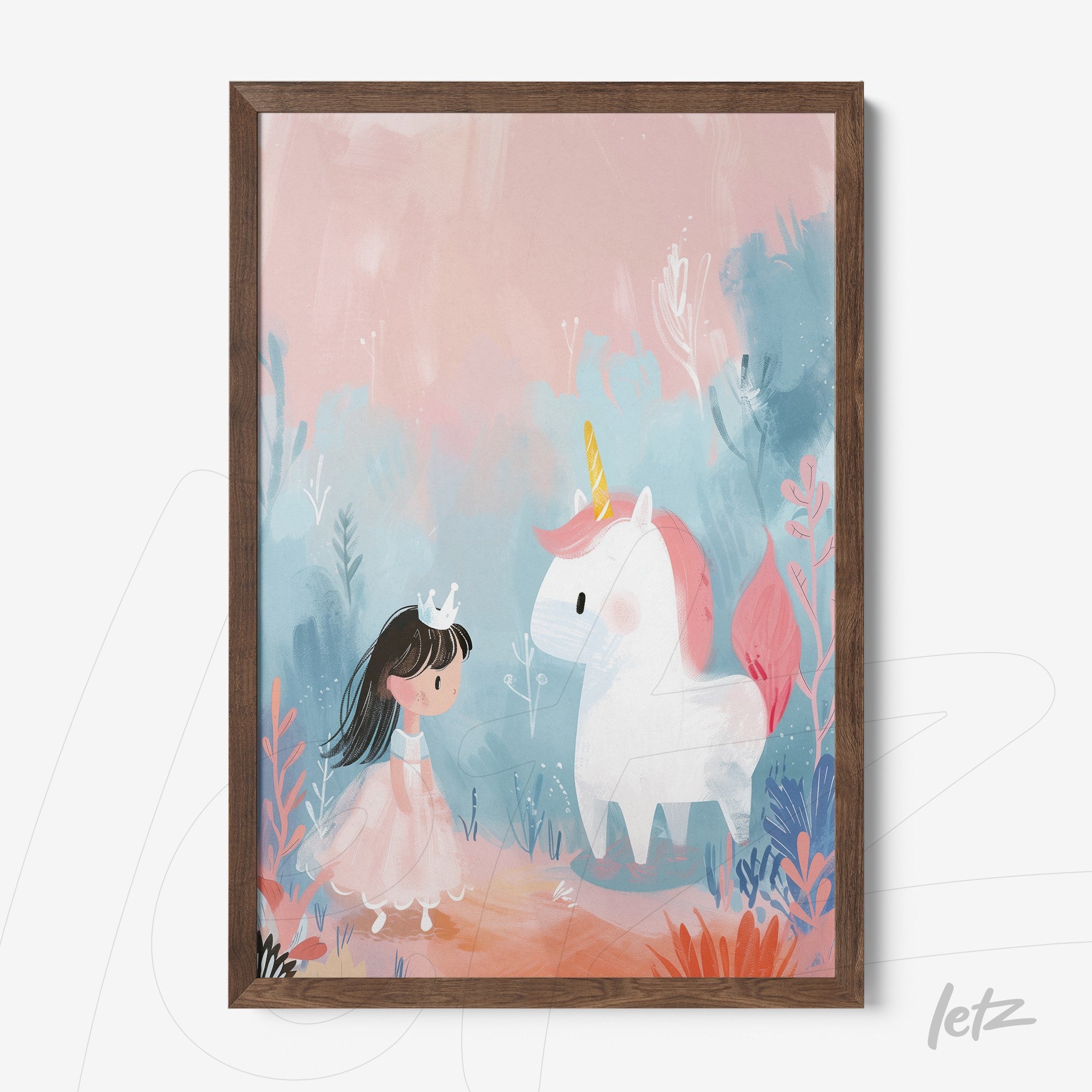 quadro com arte infantil de uma menina com coroa conversando com um unicórnio em fundo pastel suave