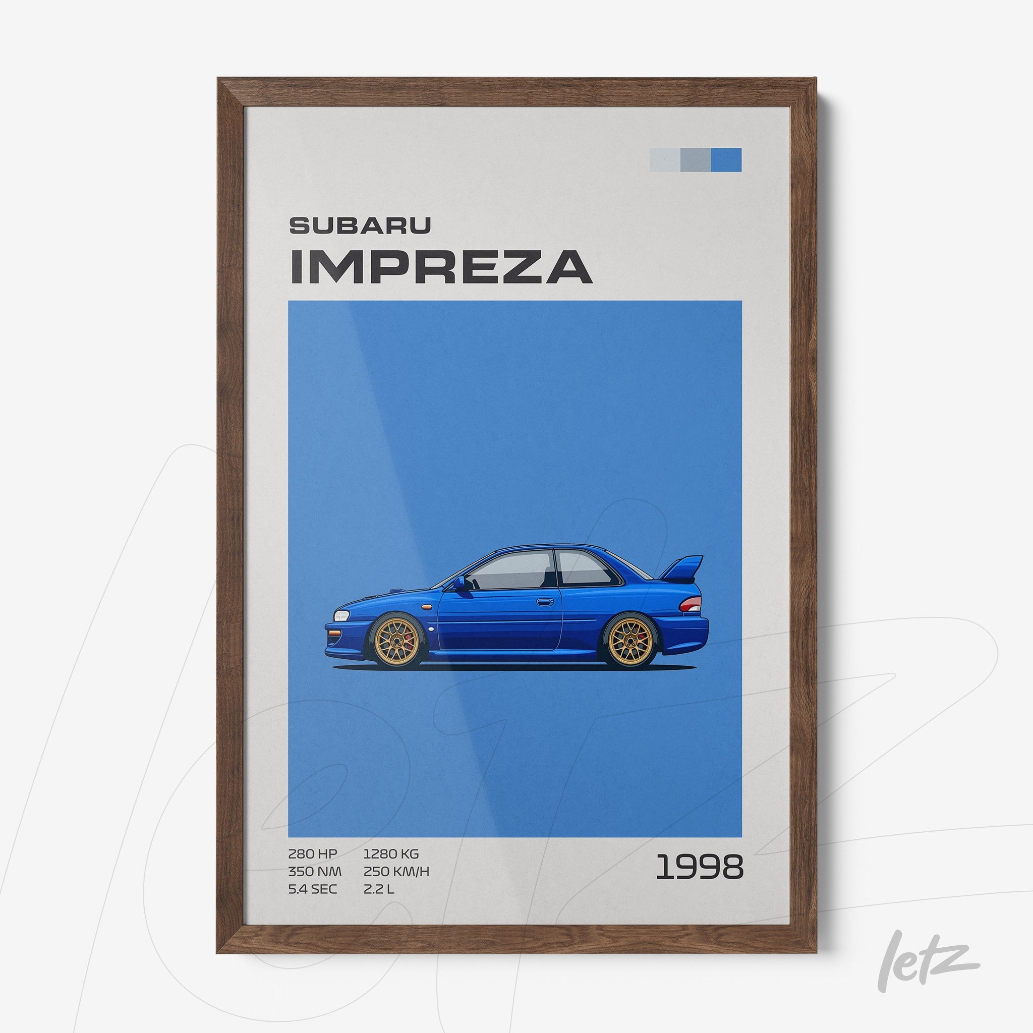 quadro com ilustração do carro Subaru Impreza em fundo azul e moldura de madeira escura