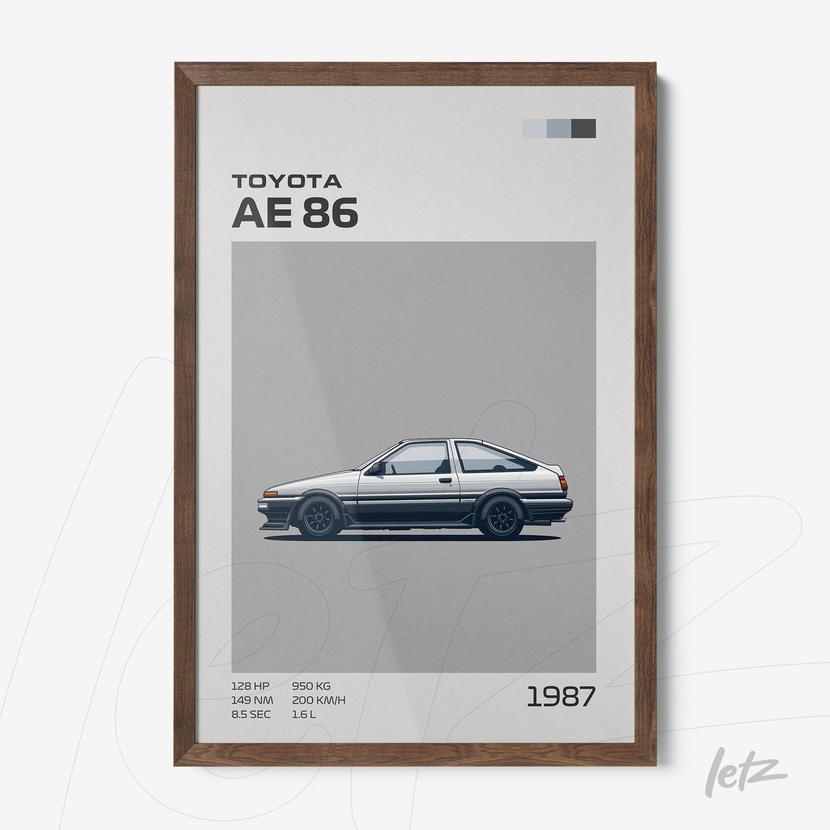 quadro com arte minimalista do carro Toyota AE86 em moldura de madeira escura