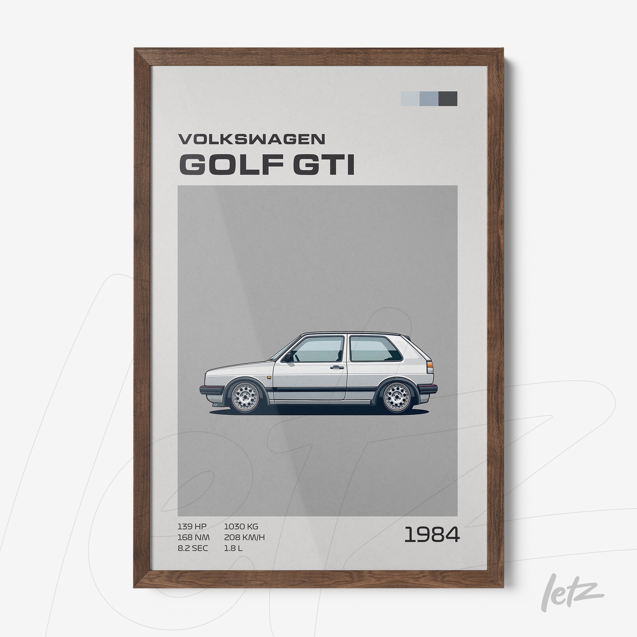 quadro com ilustração minimalista de um carro Golf GTI em moldura de madeira escura