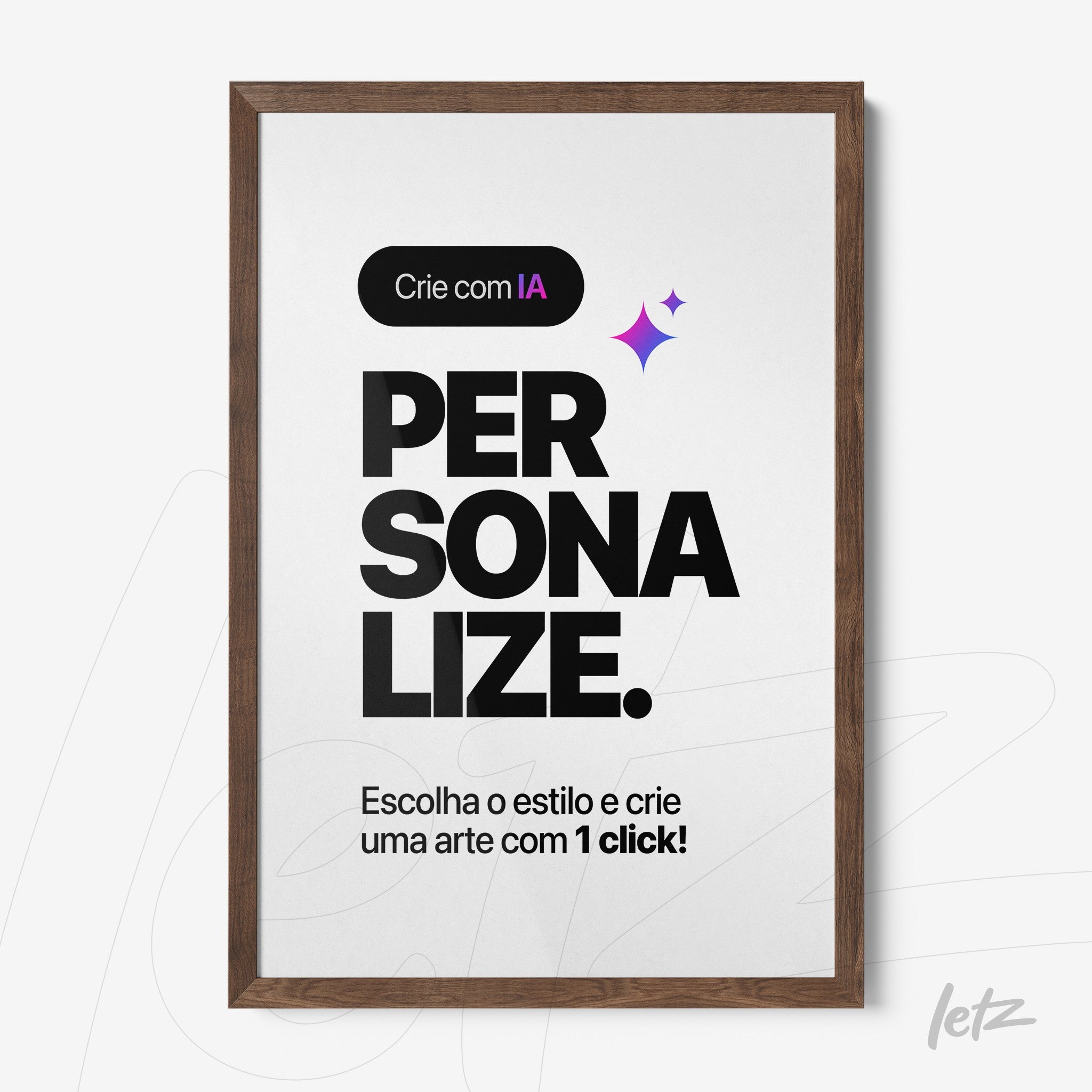 quadro com texto moderno em preto e detalhes em roxo, moldura de madeira clara