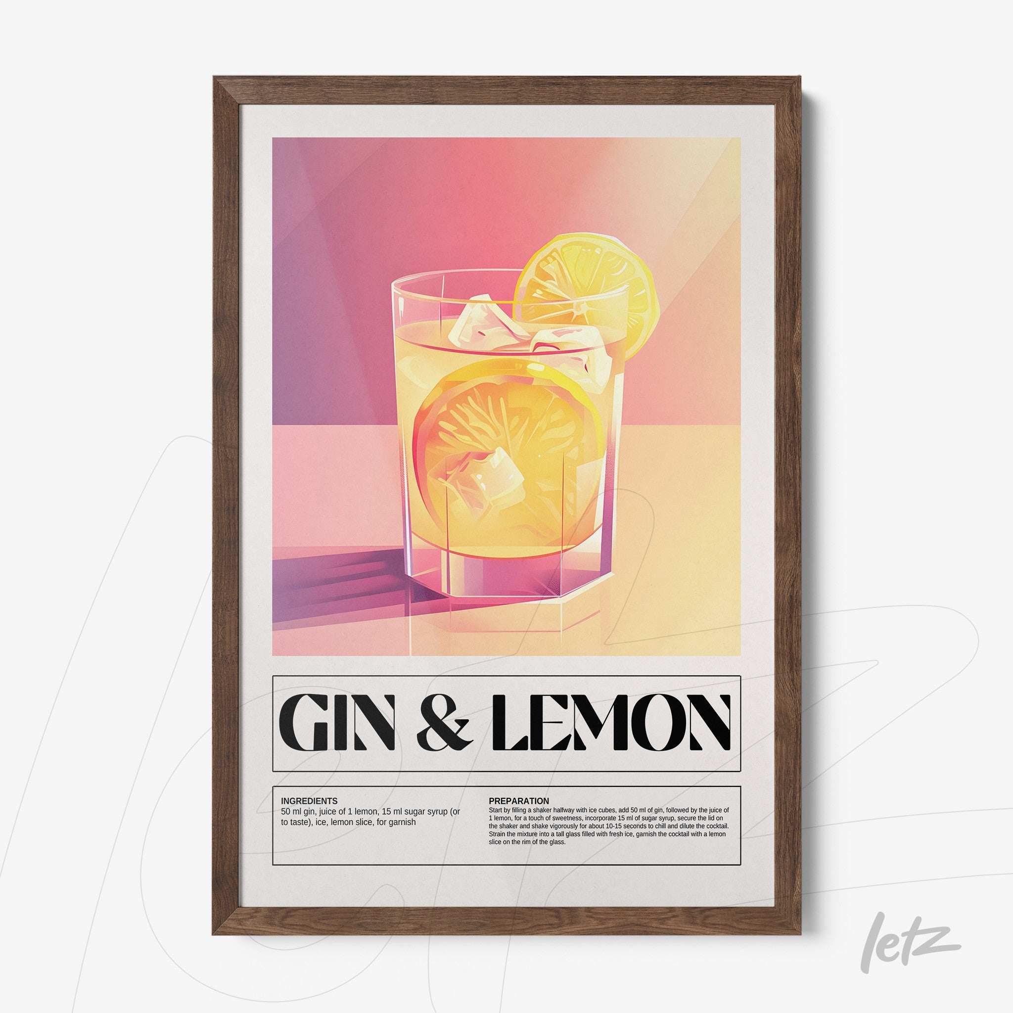 quadro com arte estilizada de drink gin com limão em moldura de madeira clara