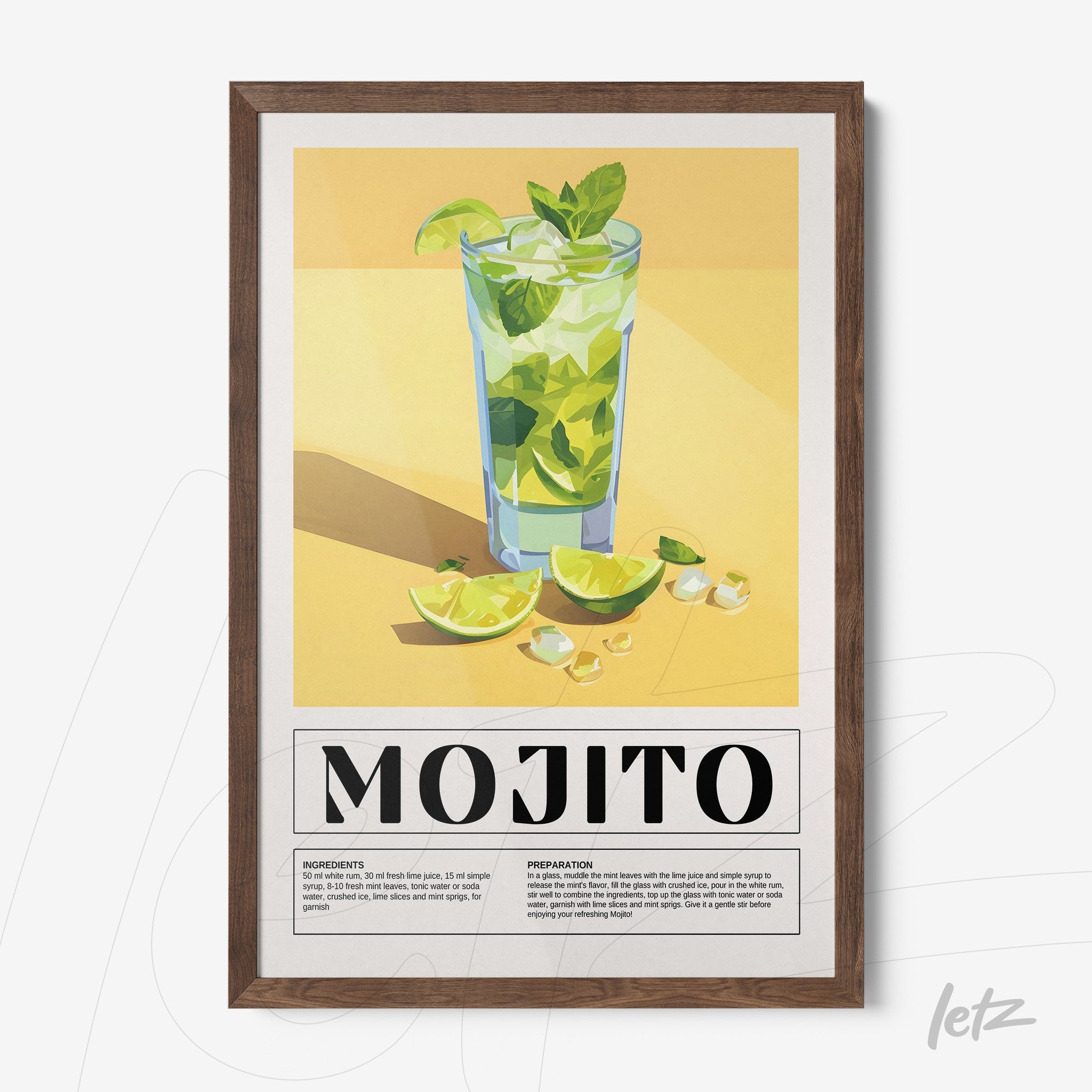 quadro com arte digital do drink mojito em moldura de madeira escura