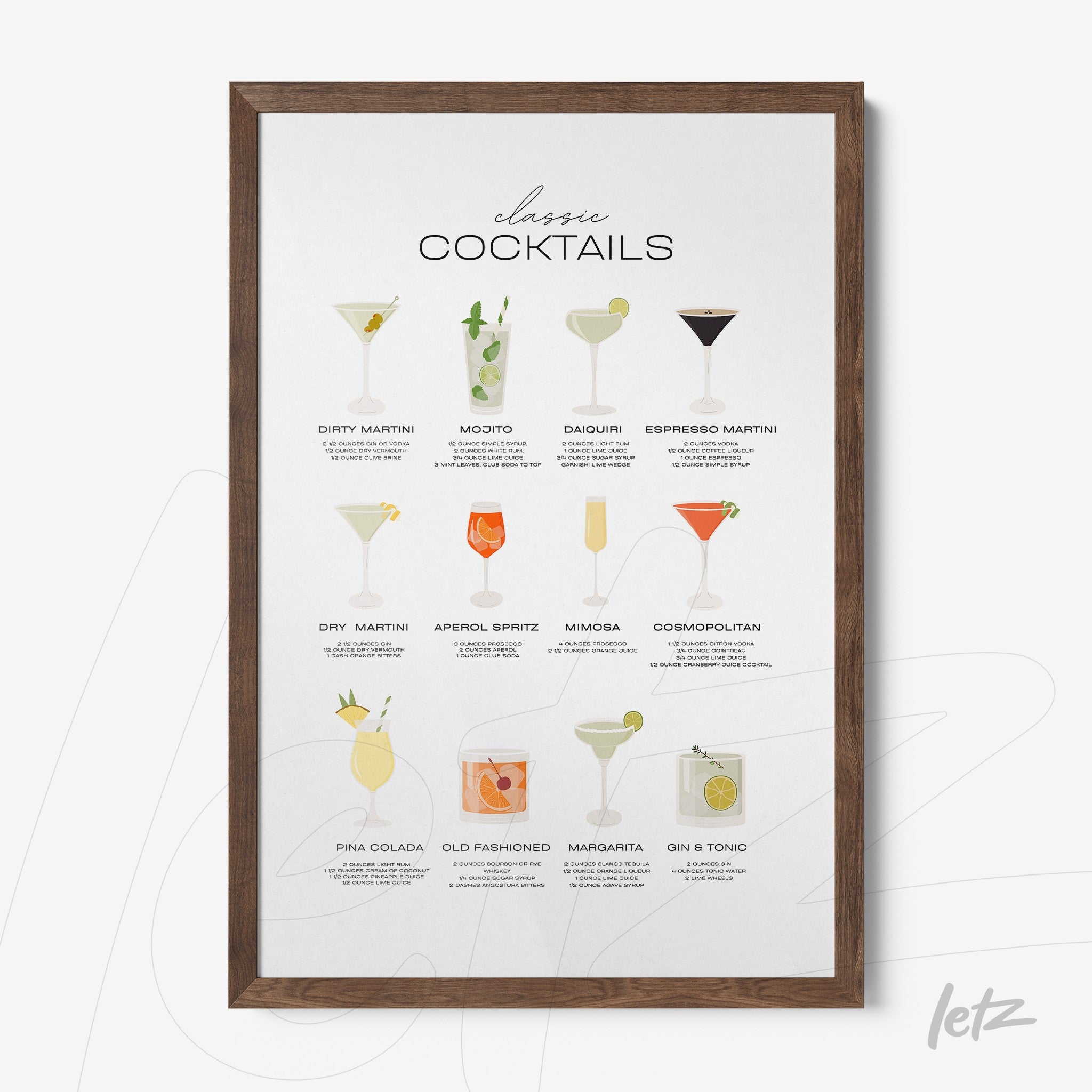 quadro com ilustrações de drinks clássicos em moldura marrom escura