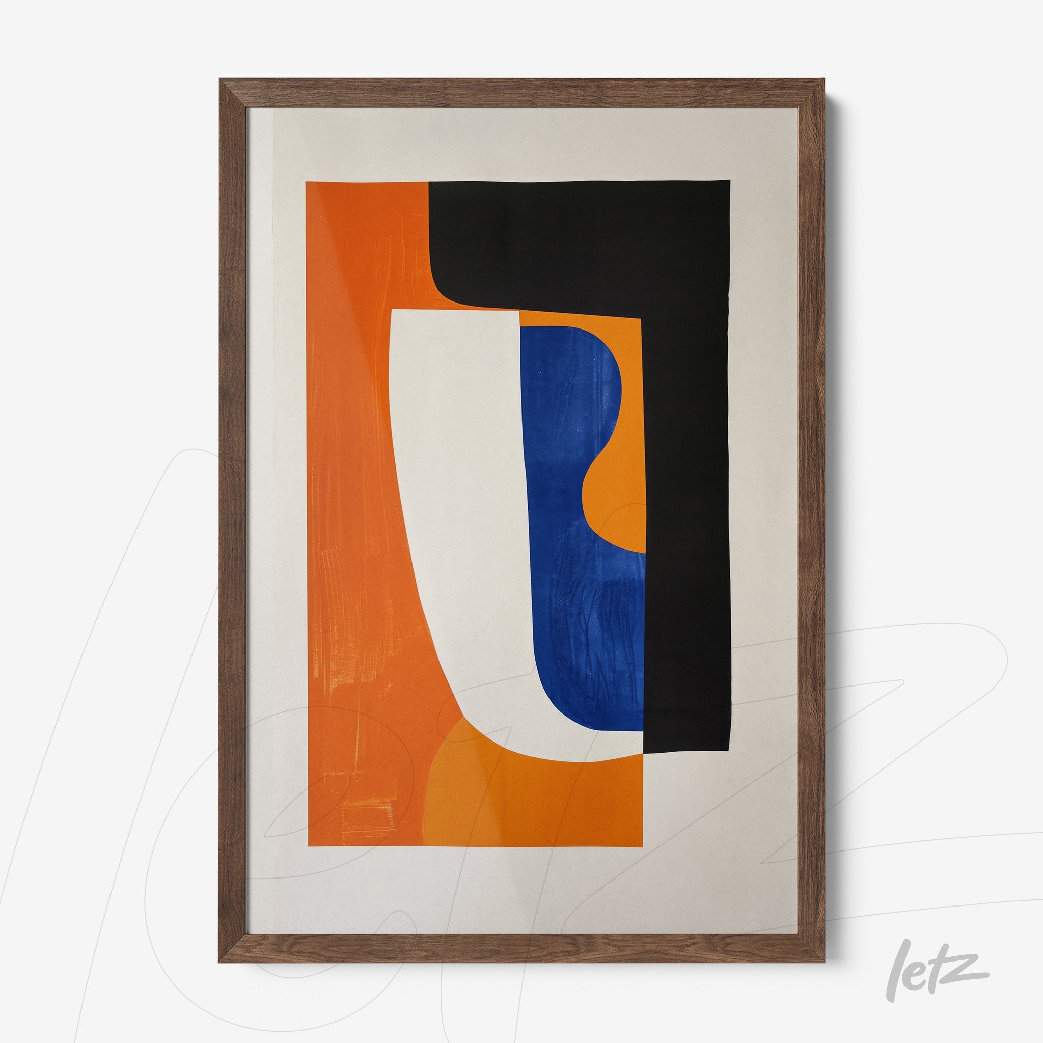 quadro com arte abstrata em cores vibrantes laranja, azul e preto, em moldura madeira clara