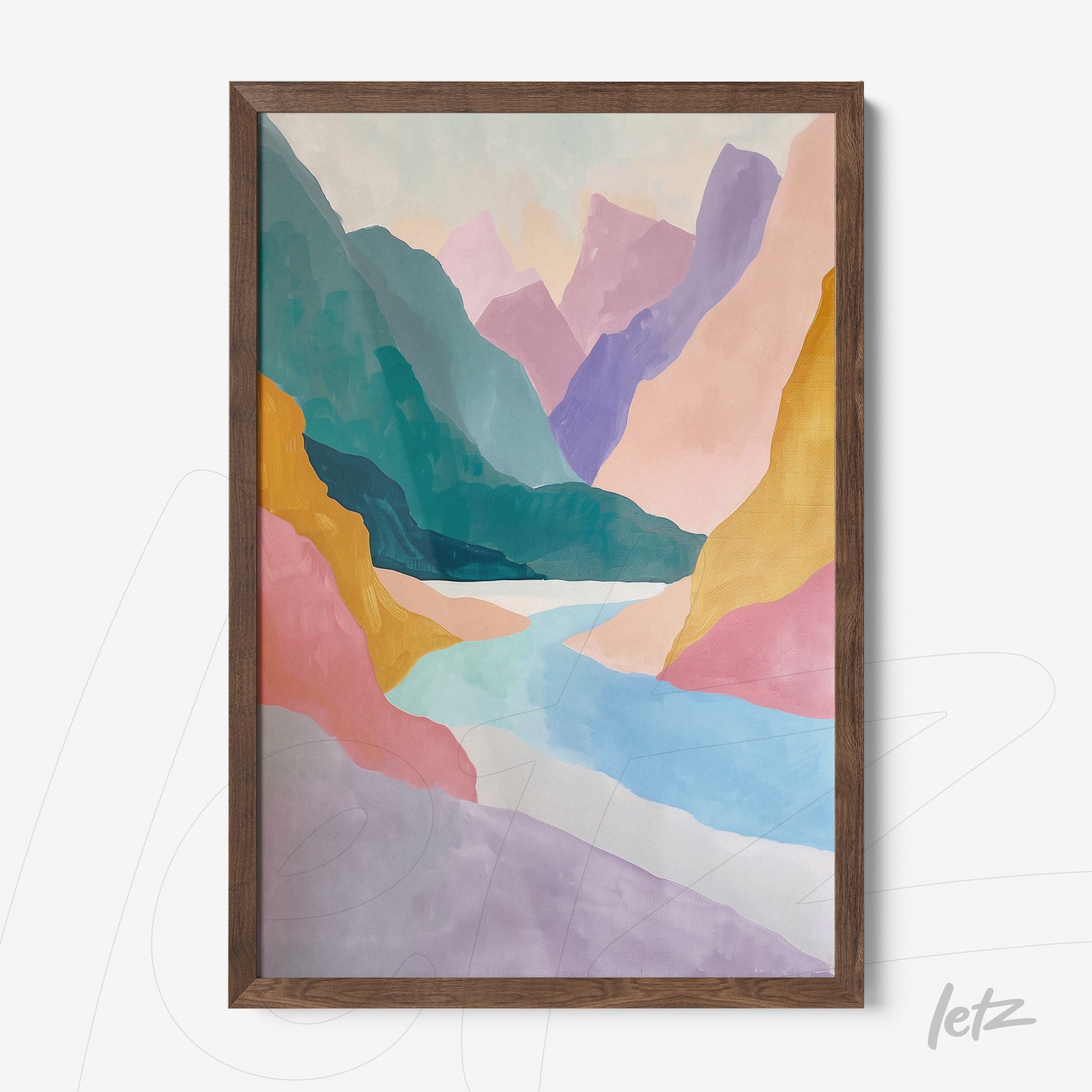 quadro em moldura de madeira com arte abstrata que retrata montanhas coloridas e um rio em tons pastel