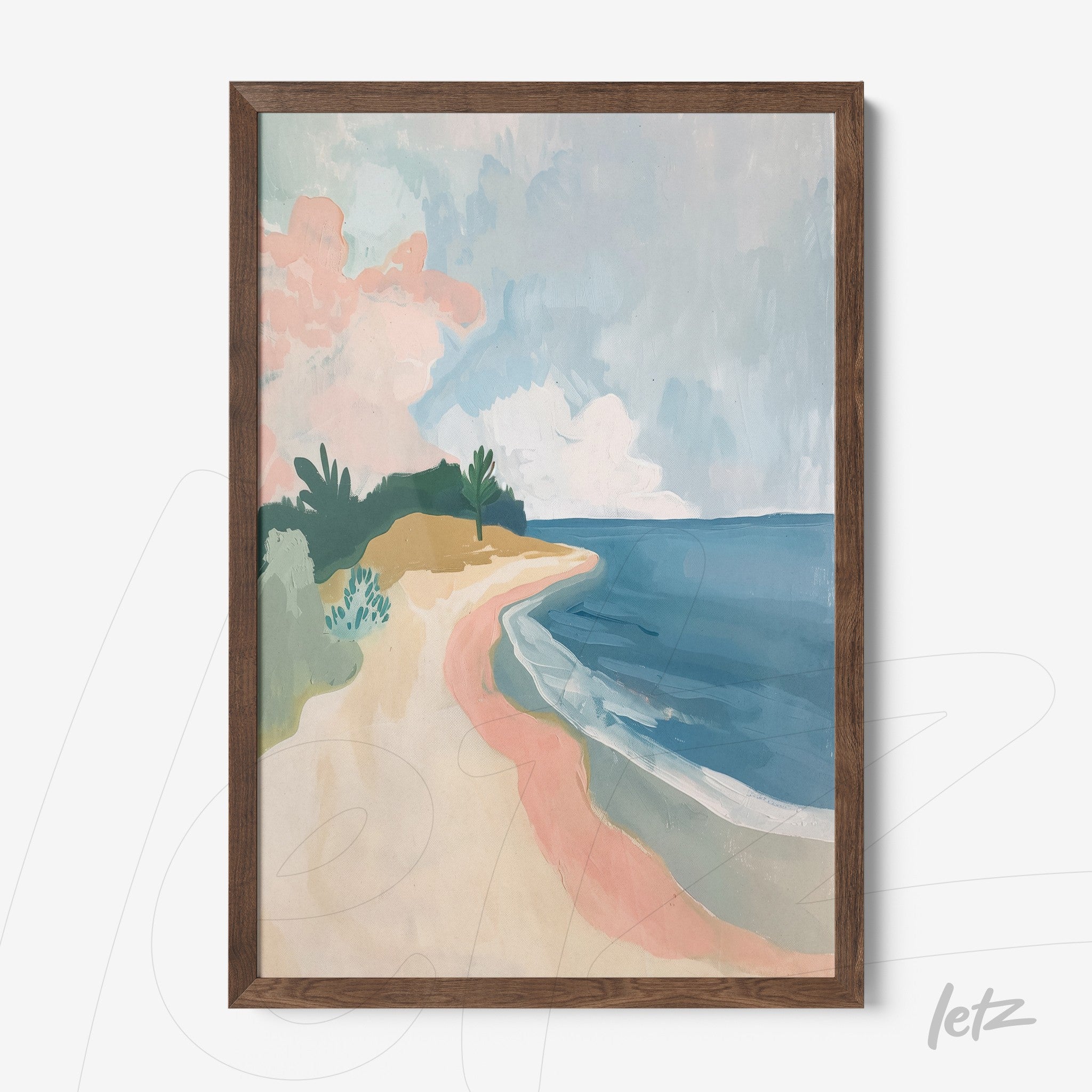 quadro com arte abstrata de uma praia sob céu azul e nuvens em moldura de madeira escura