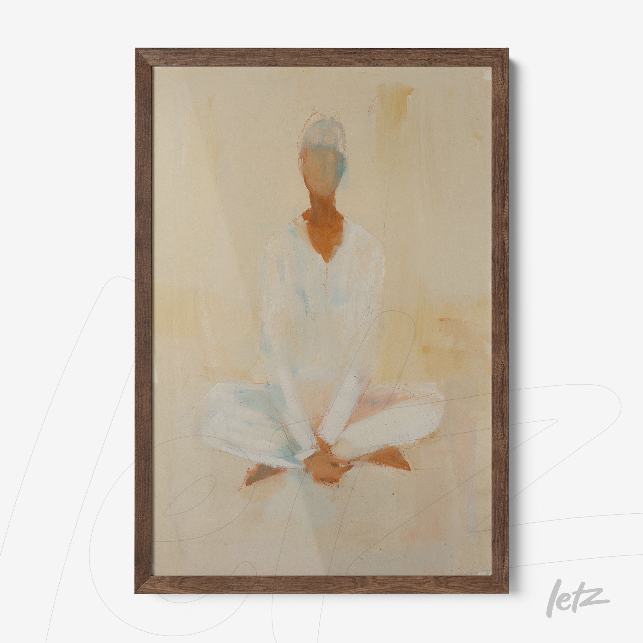 quadro artístico retratando figura meditativa em tons suaves com moldura de madeira clara