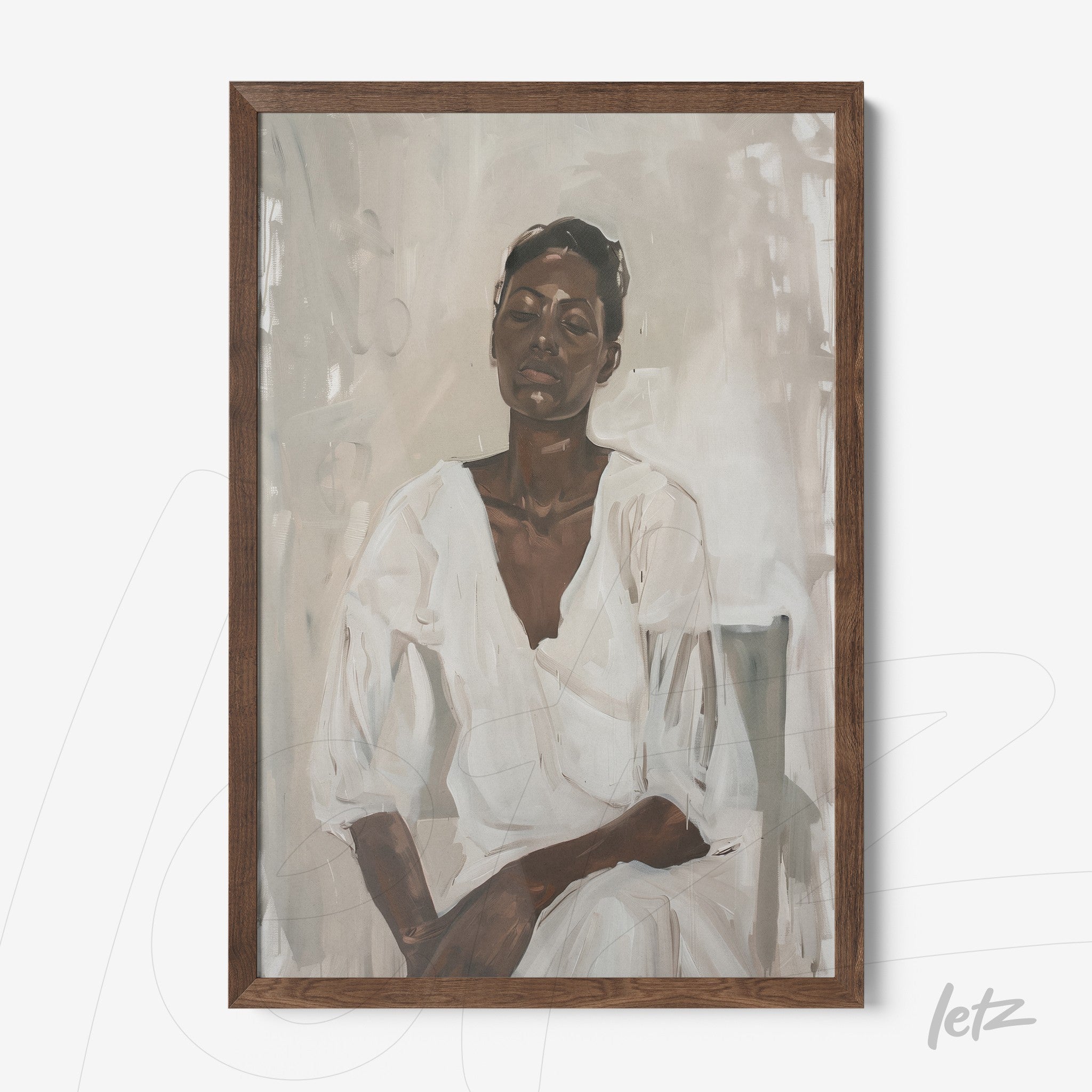 quadro com retrato de mulher em vestido branco e expressão serena, moldura de madeira escura