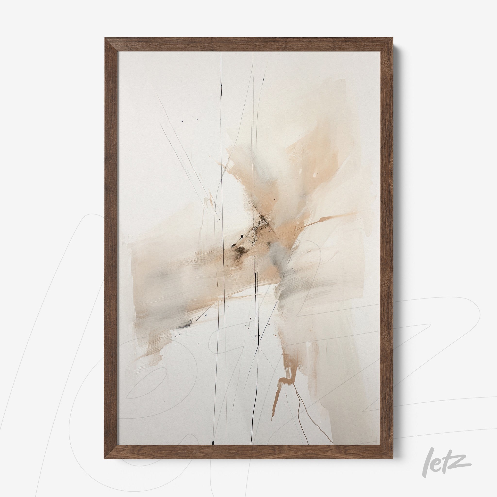 quadro abstrato com tons neutros e detalhes em marrom, em moldura de madeira escura