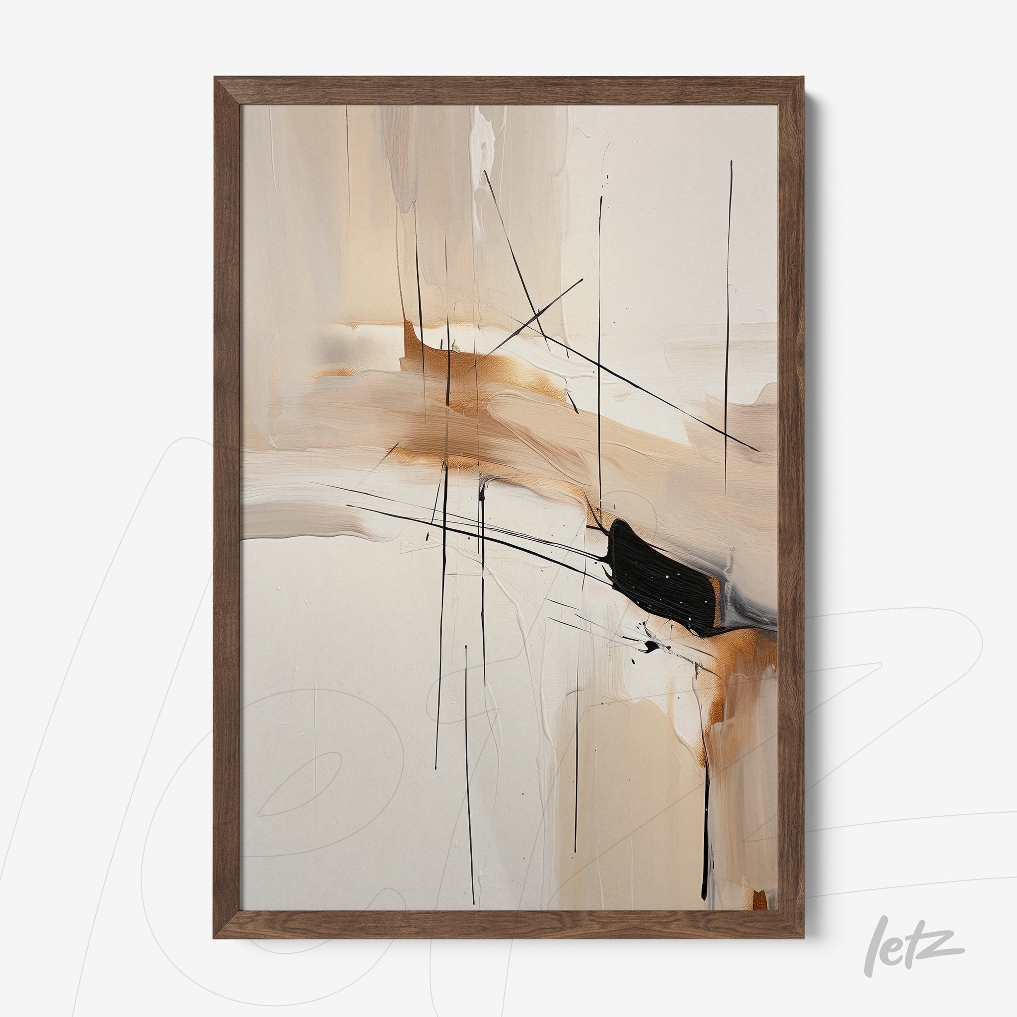 quadro abstrato com forma orgânica predominante em tons de bege e preto, moldura de madeira escura