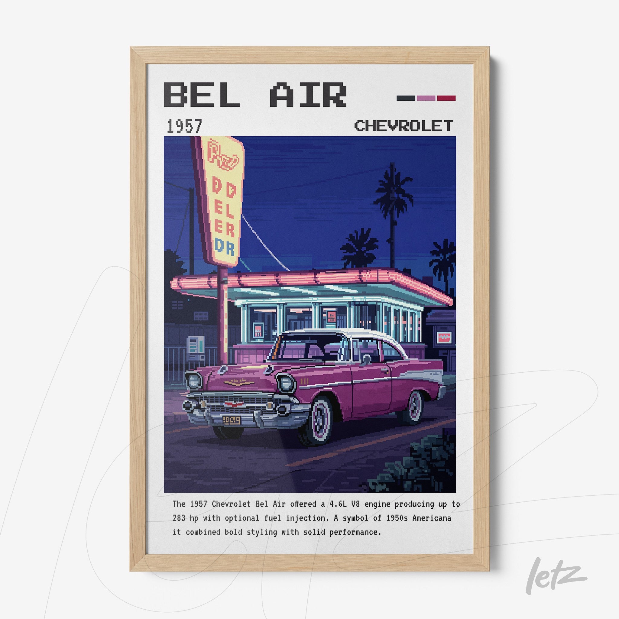 quadro com arte no estilo retrô de um Chevrolet Bel Air de 1957 em frente a um diner, moldura de madeira clara