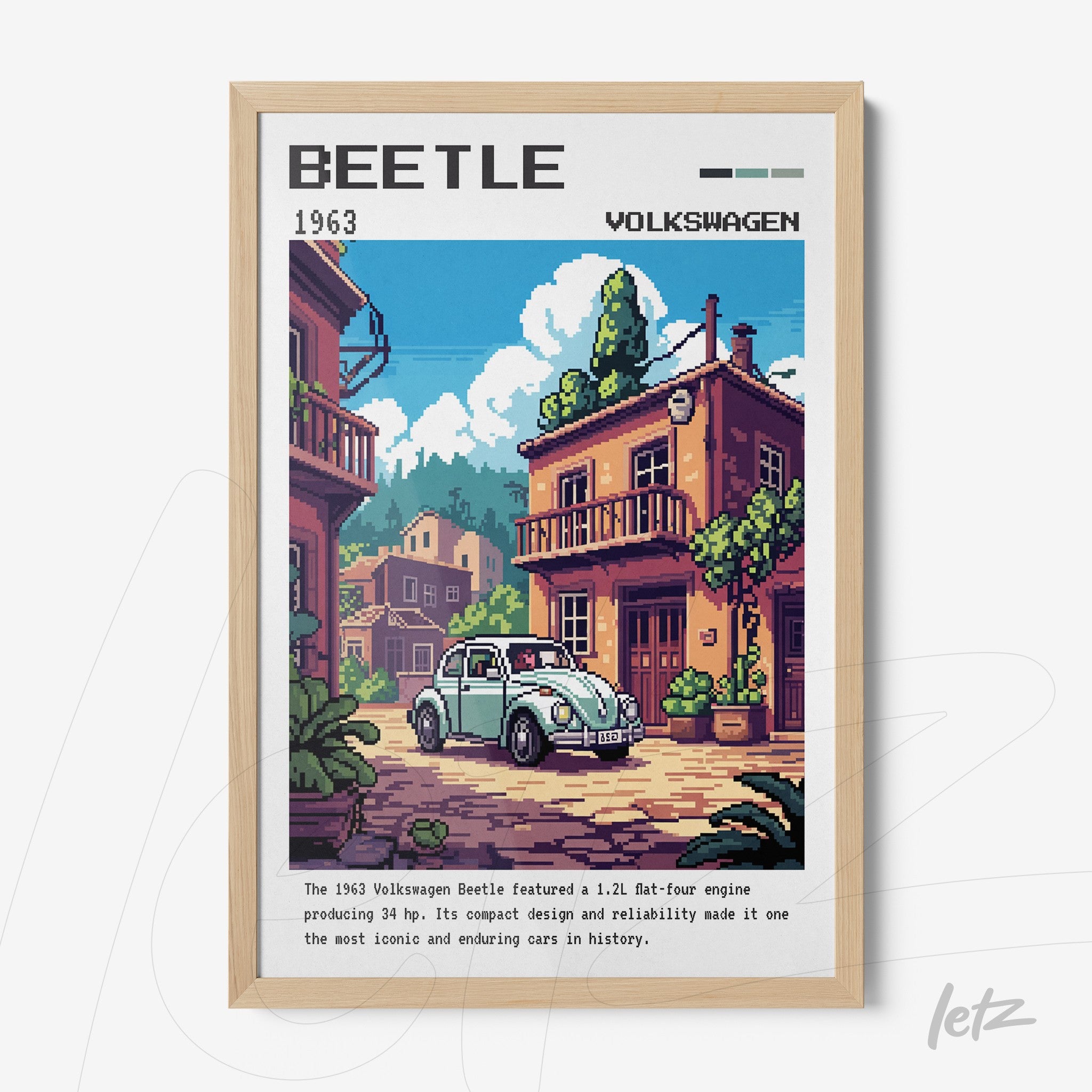 quadro com arte pixelada do carro Volkswagen Beetle de 1963, em moldura clara, com fundo de casas e vegetação